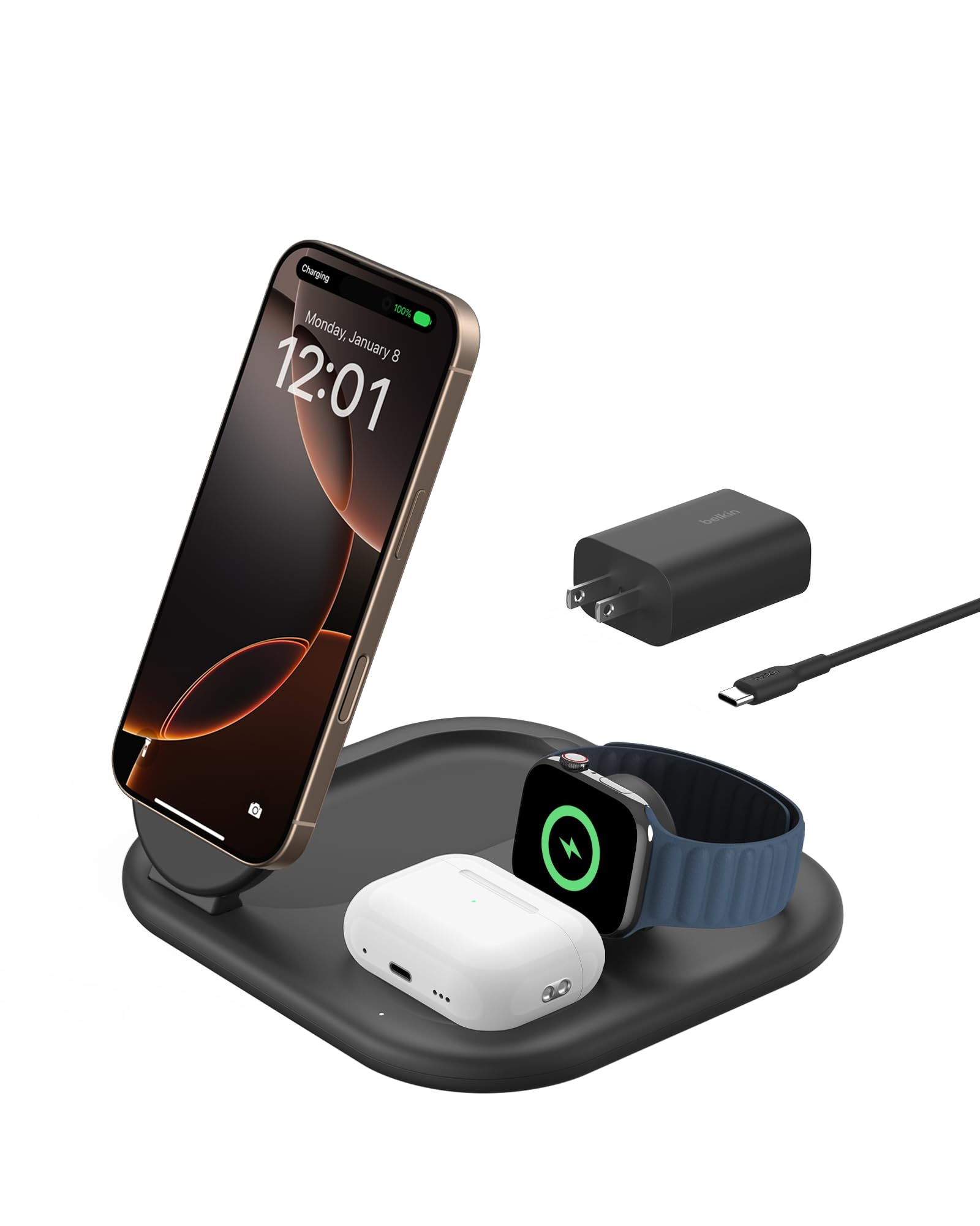 Belkin 3-in-1 MagSafe-Compatible iPhone Charger 15W | Foldable Magnetic Qi2-Certified Wireless Charging Station for iPhone 16, Apple Watch Series 10, AirPods 4 | Fast Charging with Non-Slip Base & PSU | Perfect for Home, Office & Travel - Black