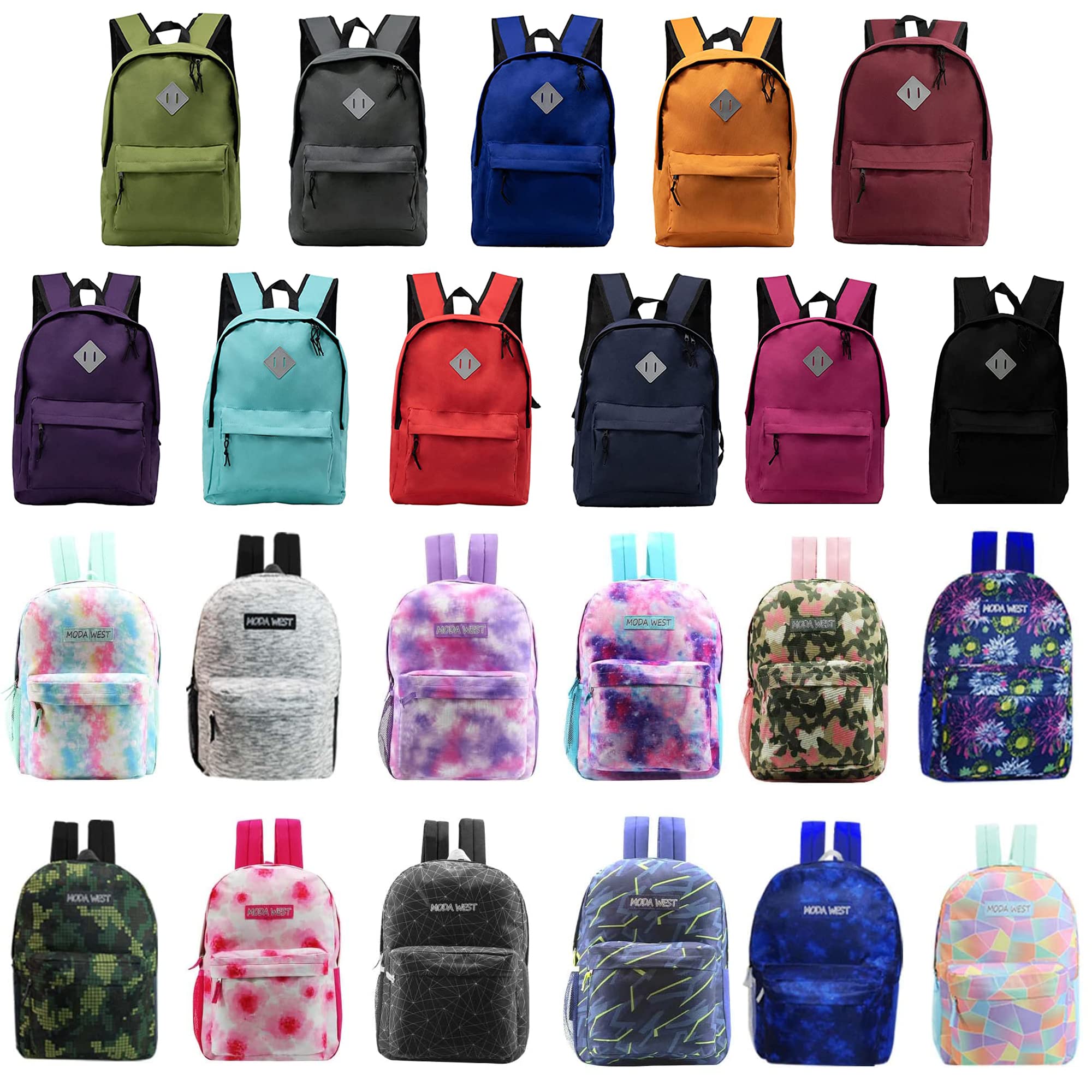 24 Pack - 17 Inch Wholesale Classic Bulk Backpacks for School, Travel & Work - Mega Assortment of 23 Different Colors & Patterns - Durable Backpacks for Students, Commuters & Outdoor Adventures