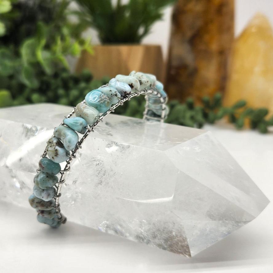 Larimar Cuff Bracelet for Women - Handmade Dominican Blue Stone Jewelry - Boho Chic Beach Bracelet - Perfect for Vacation, Wedding & Everyday Wear