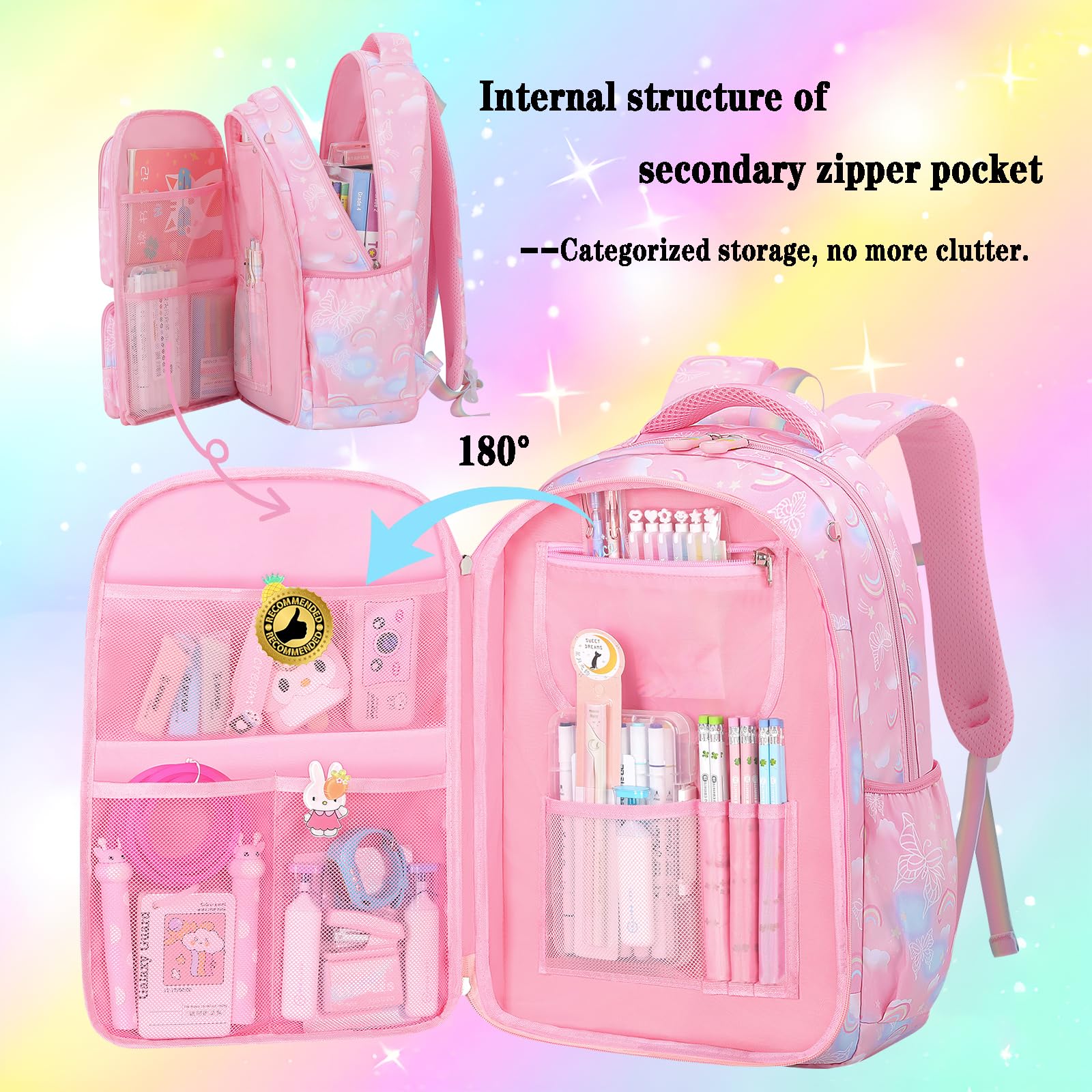 3pcs Girls Backpack Set - Cute Rainbow School Backpack for Kids with Matching Pencil Case (Pink) | Lightweight Durable Backpacks for School, Travel & Daily Use