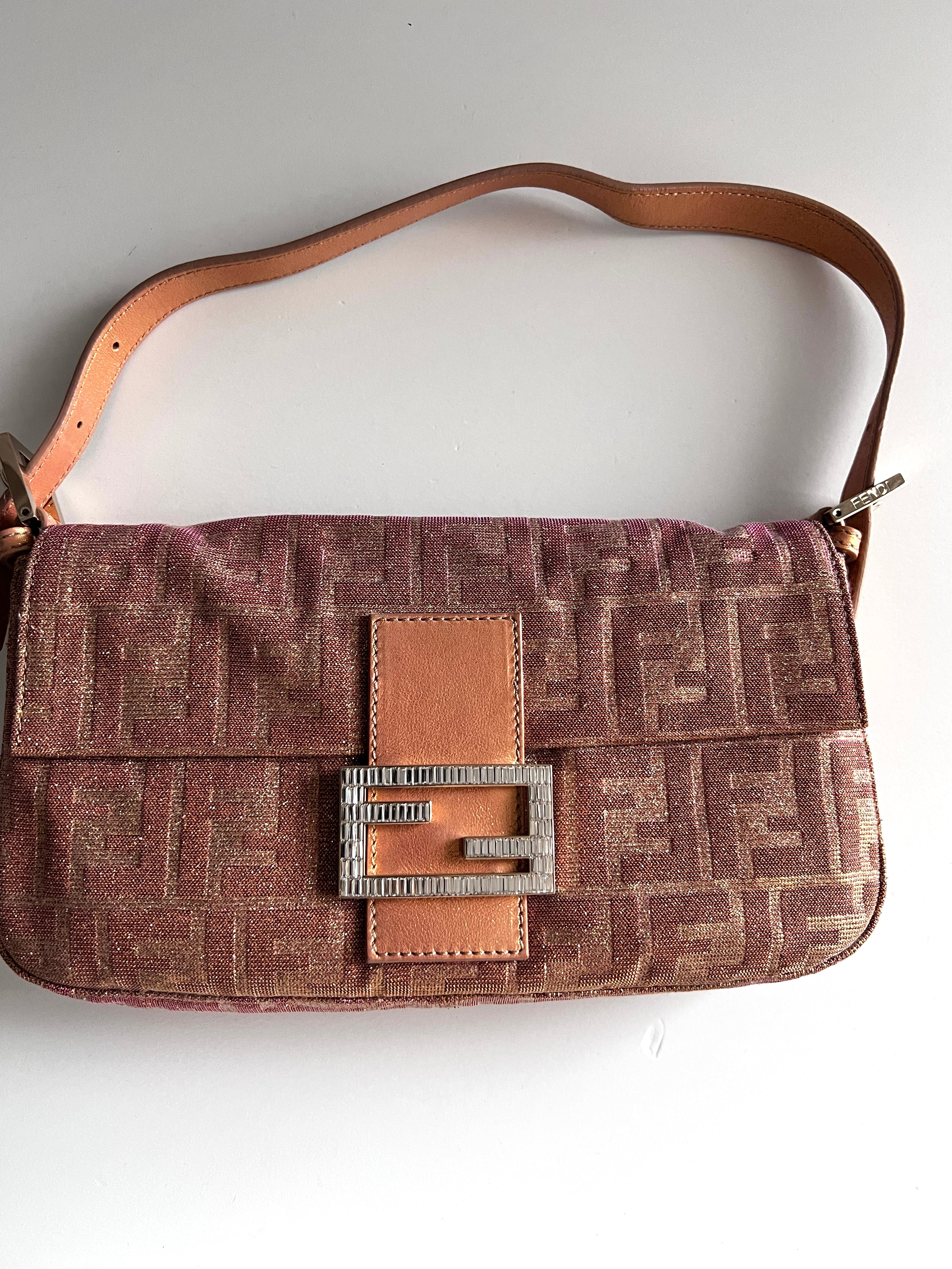 Fendi Peach Glitter Zucca Baguette Bag - Luxury Designer Crossbody Purse for Women | Perfect for Parties, Date Nights & Special Occasions