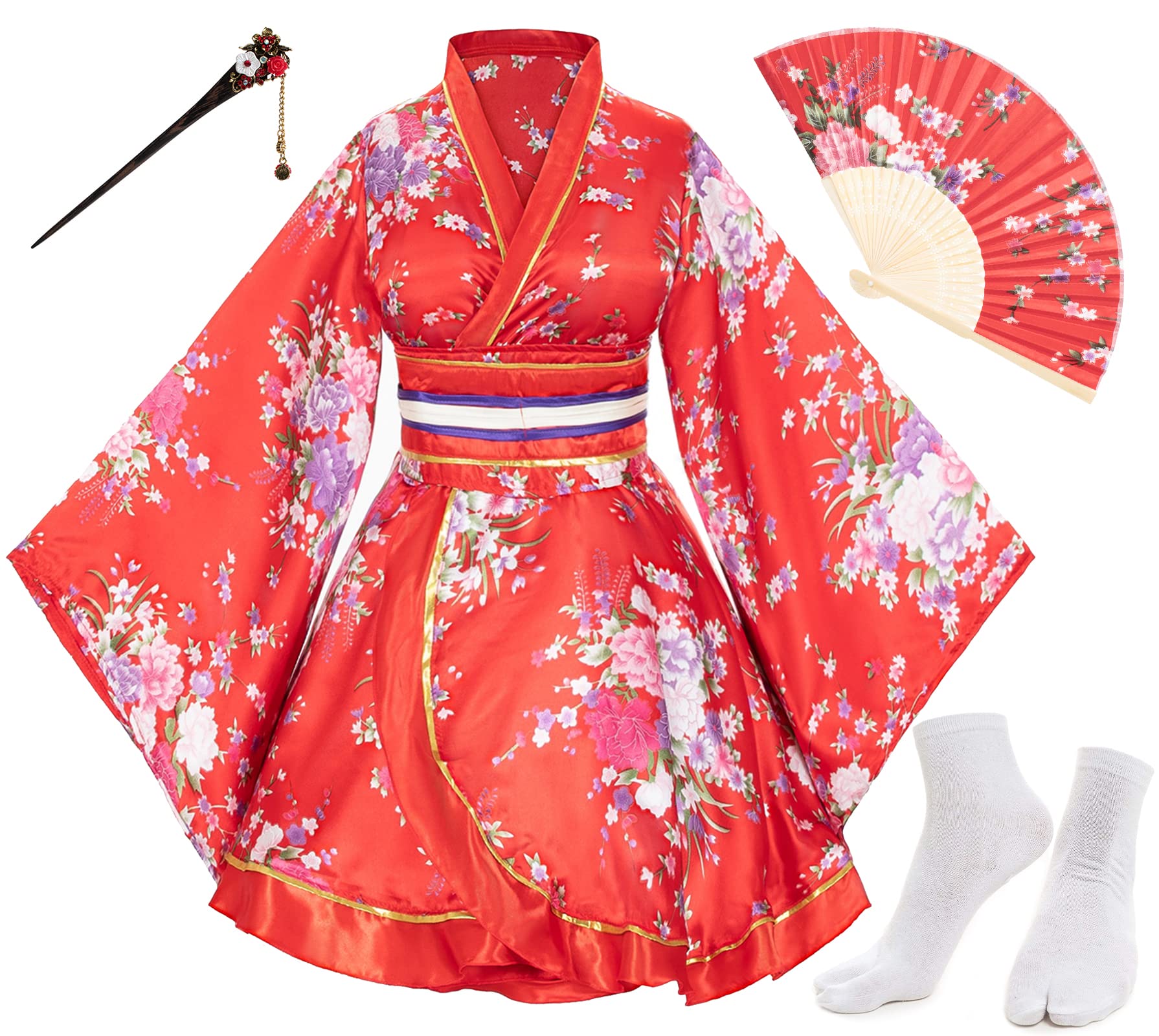 Japanese Anime Cosplay Kimono Robe Set with Silk Fan & Tabi Socks - Traditional Women's Dance Costume for Halloween, Cosplay Events & Themed Parties