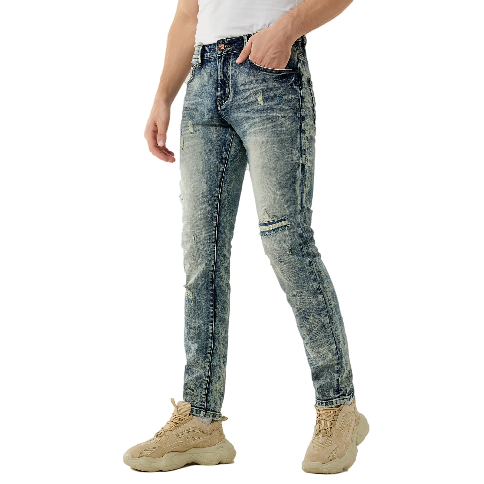 Men's Distressed Slim Fit Stretch Ripped Denim Jeans - Full Length Destroyed Wash for Casual Wear & Street Style
