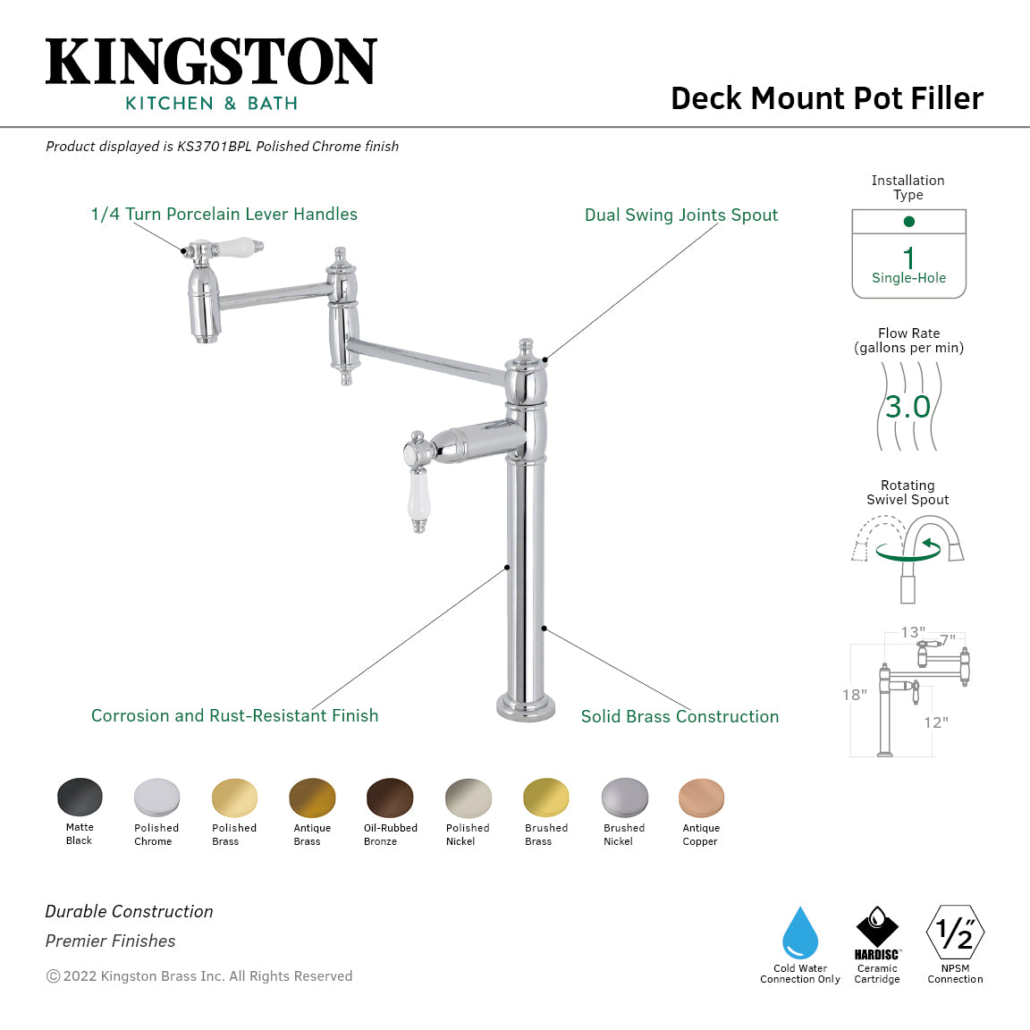 Bel Air KS3703BPL Single Hole Deck Mount Pot Filler Faucet in Antique Brass - Perfect for Kitchen Sink, Stove & Cooking Area