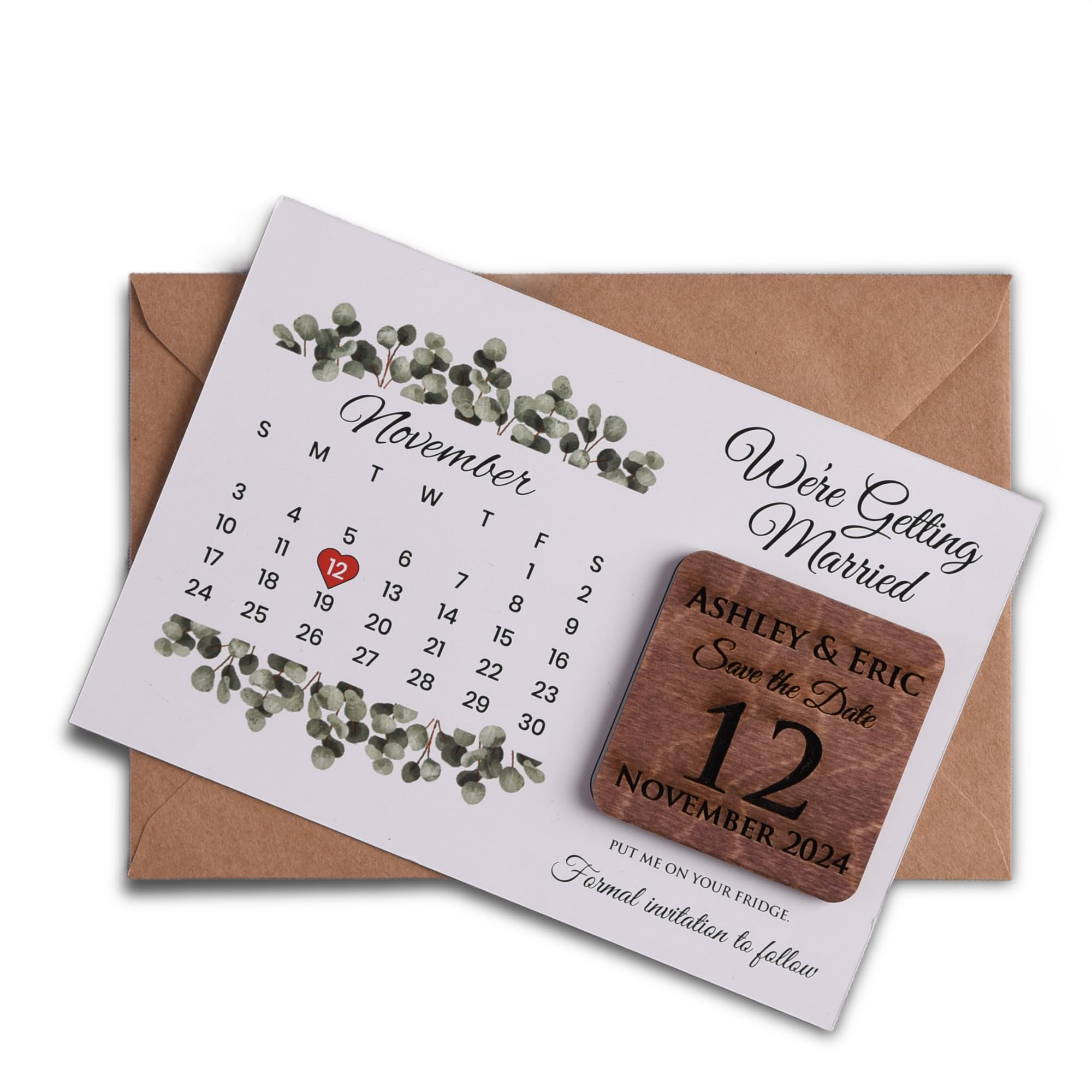 Customizable Save the Date Calendar Cards with Wooden Magnets | Personalized Wedding Favors Set | Includes Kraft Envelopes & Clear Labels | 5 Color Options | Perfect for Weddings, Anniversaries & Special Events