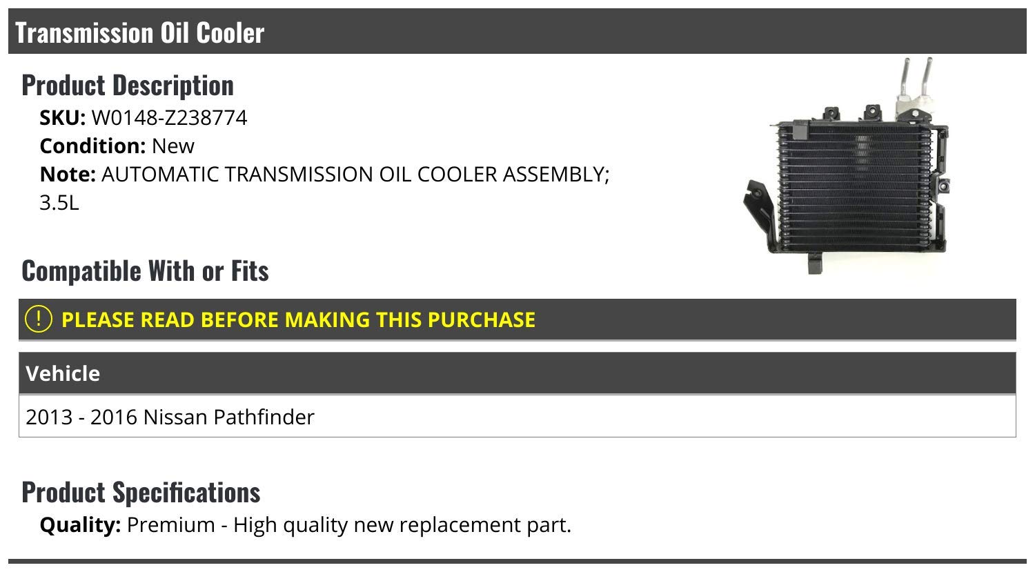 High Performance Automatic Transmission Oil Cooler for 2013-2016 Nissan Pathfinder 3.5L - Aluminum Radiator Upgrade for Better Cooling & Extended Transmission Life - Perfect for Towing, Off-Roading & Hot Climate Driving