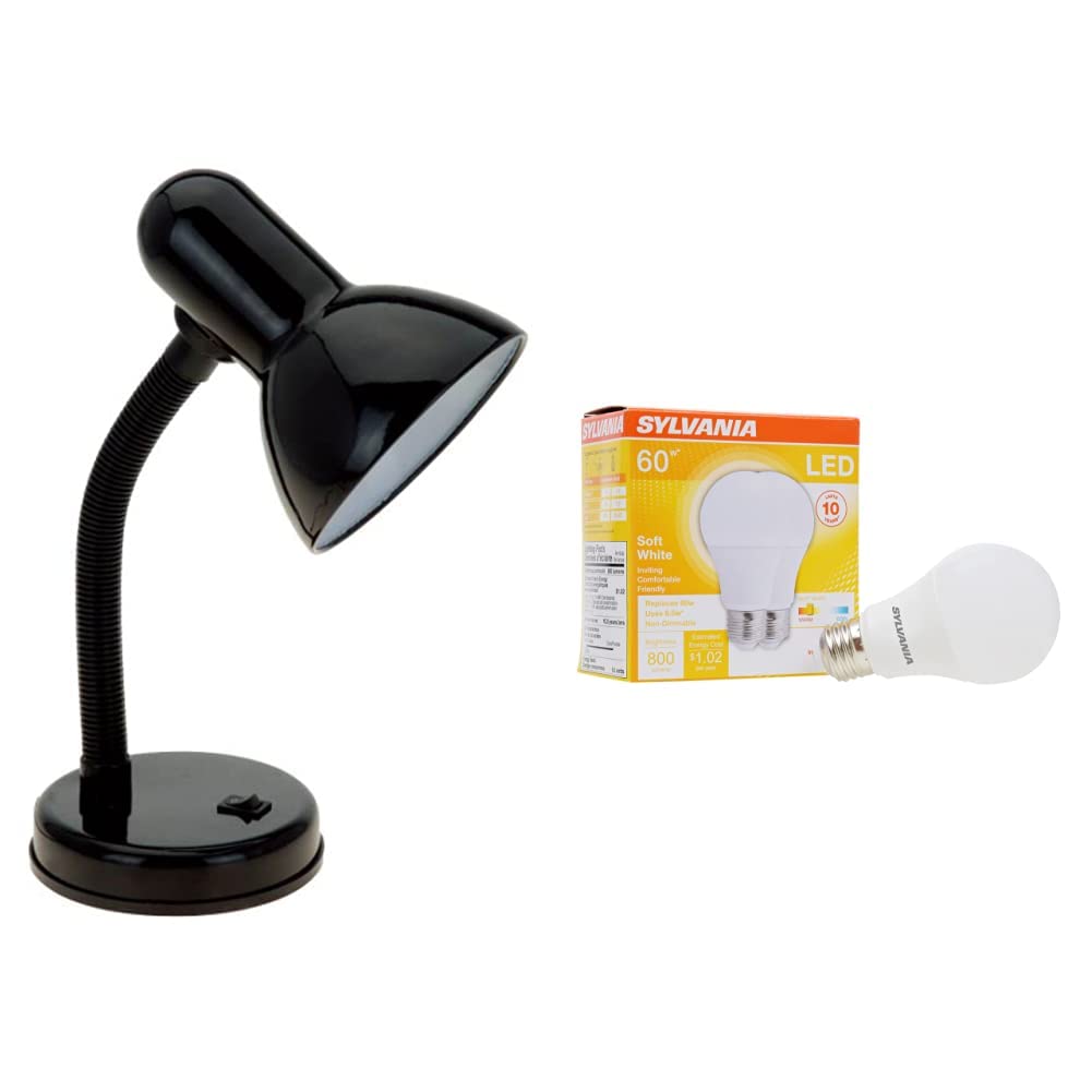 Simple Designs LD1003-BLK Adjustable Metal Desk Lamp with Flexible Hose Neck - Black | Includes 2 Pack Sylvania LED Light Bulbs (73886) Soft White 2700K | Perfect for Home Office, Study Room & Bedside Reading Lighting