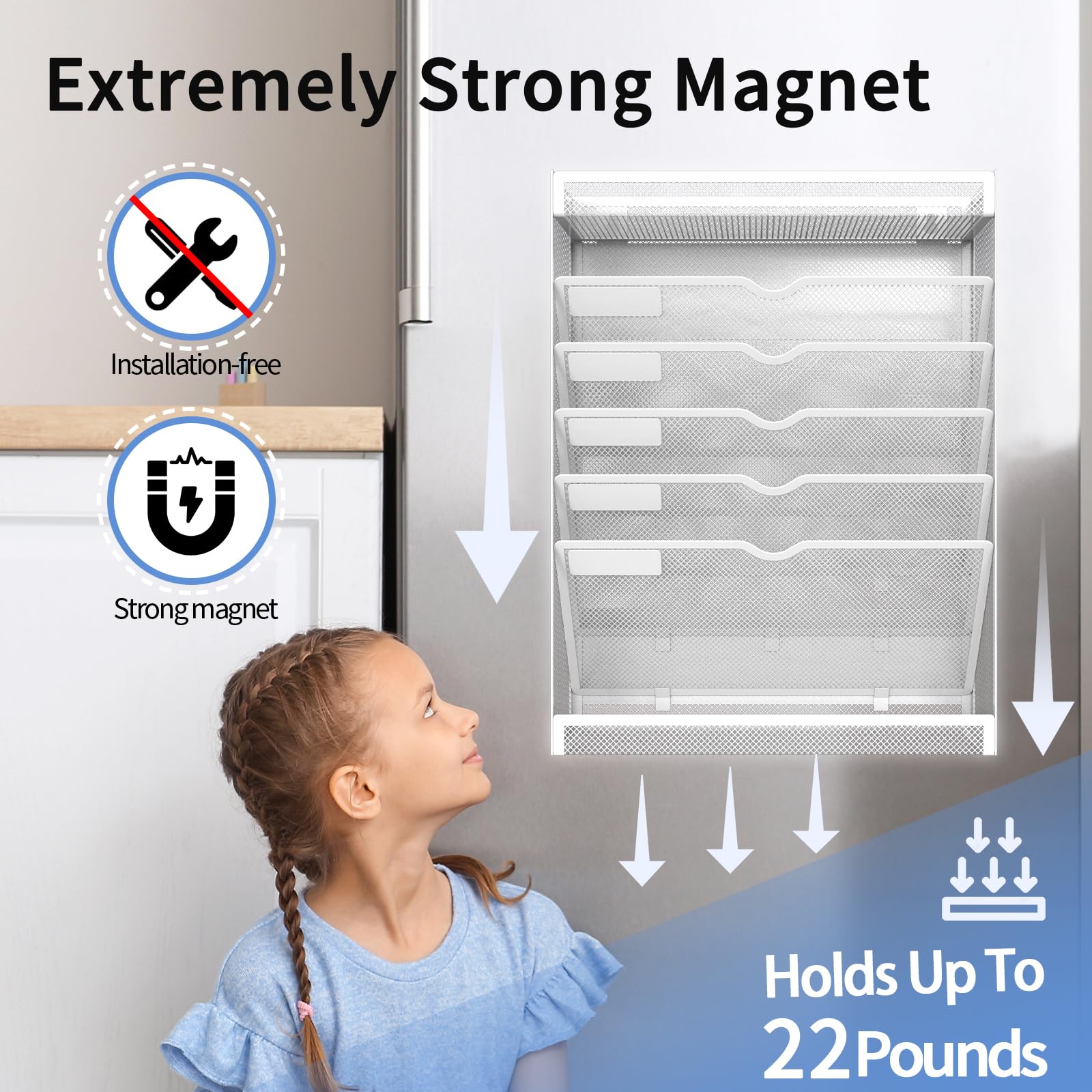 7-Tier Magnetic File Organizer - No Drilling Wall Mount for Office, Classroom & Home - Fits Whiteboards, Refrigerators & File Cabinets - Space-Saving Hanging Paper Folder Holder (White) - Perfect for Document Organization & Workspace Decluttering