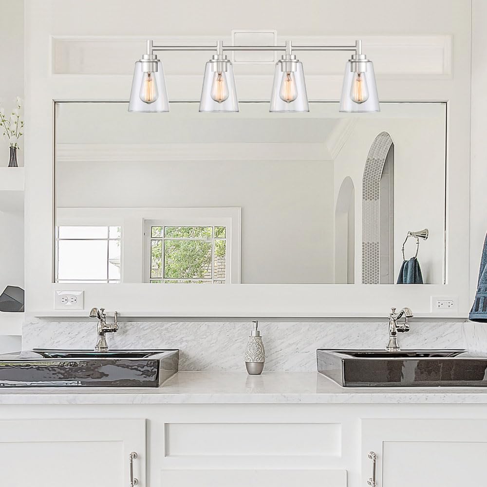 Designers Fountain 4-Lights Westin Vanity Light Fixture - 31 Inch Wall Mount Sconce for Bathroom, Bedroom & Mirror - Matte Black Steel & Glass Indoor Lighting (95704-MB) - Perfect for Modern Home Decor & Vanity Makeup Areas