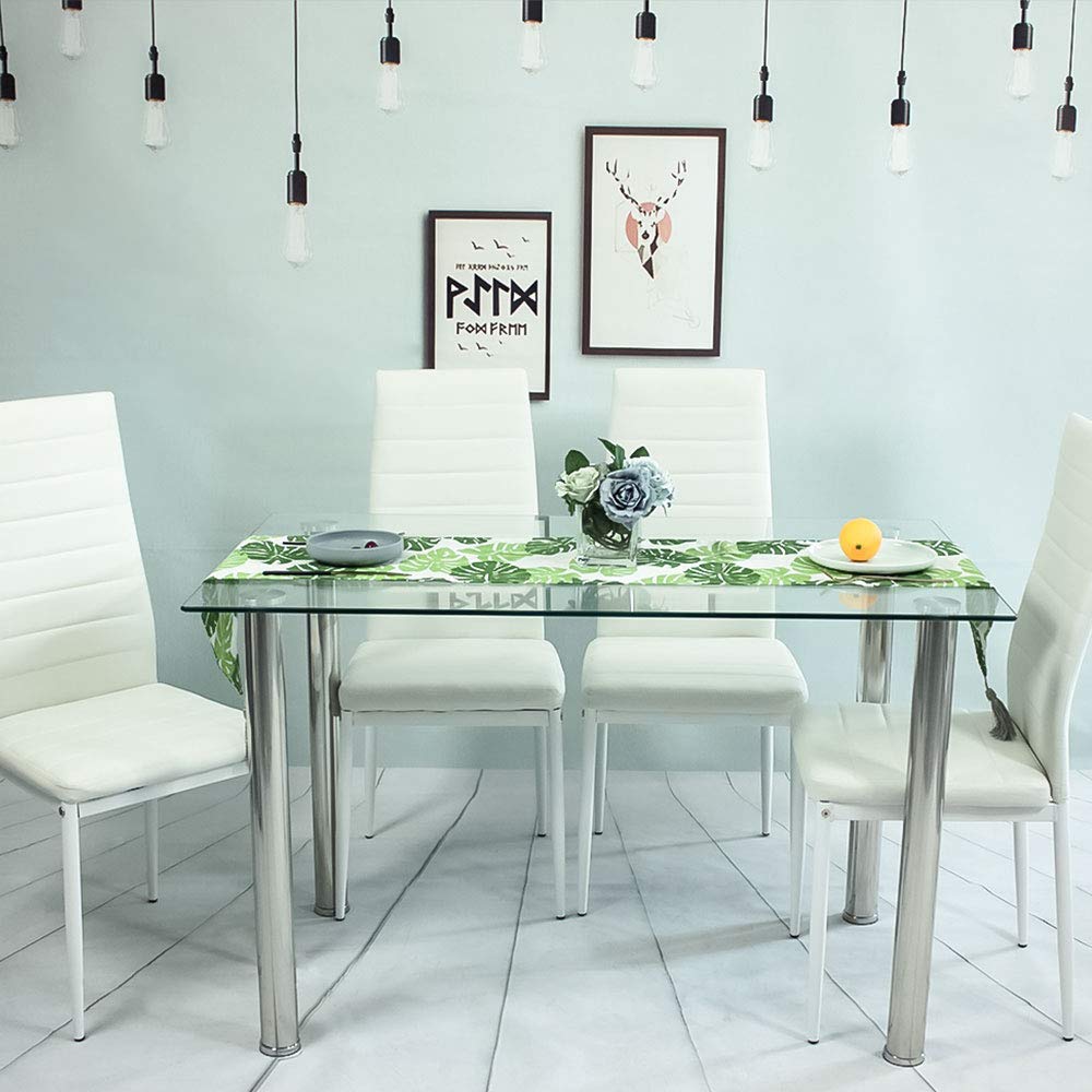 Modern 5-Piece Dining Table Set for 4 - Tempered Glass Top Kitchen Table with 4 PU Leather Chairs - Perfect for Breakfast Nook, Small Kitchen & Dining Room Furniture | Space-Saving Dining Solution