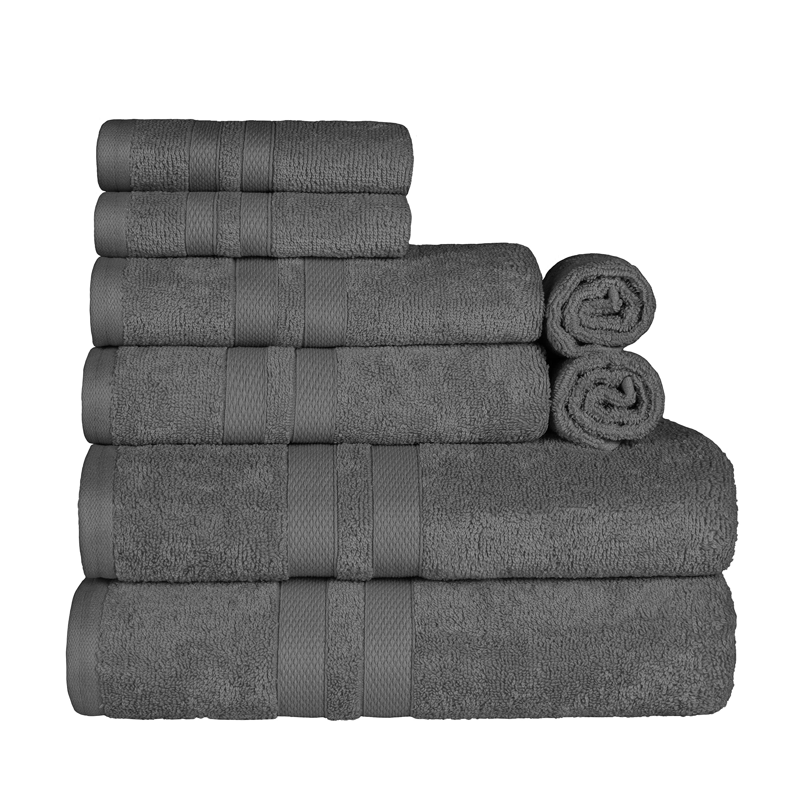 BNM Ultra-Soft Cotton Towel Set - 8 Piece Bath & Hand Towels with Washcloths | Quick-Dry, Absorbent & Durable | Perfect for Shower, Spa, Gym & Home Essentials | Solid Color with Double Line Dobby Border (Charcoal)