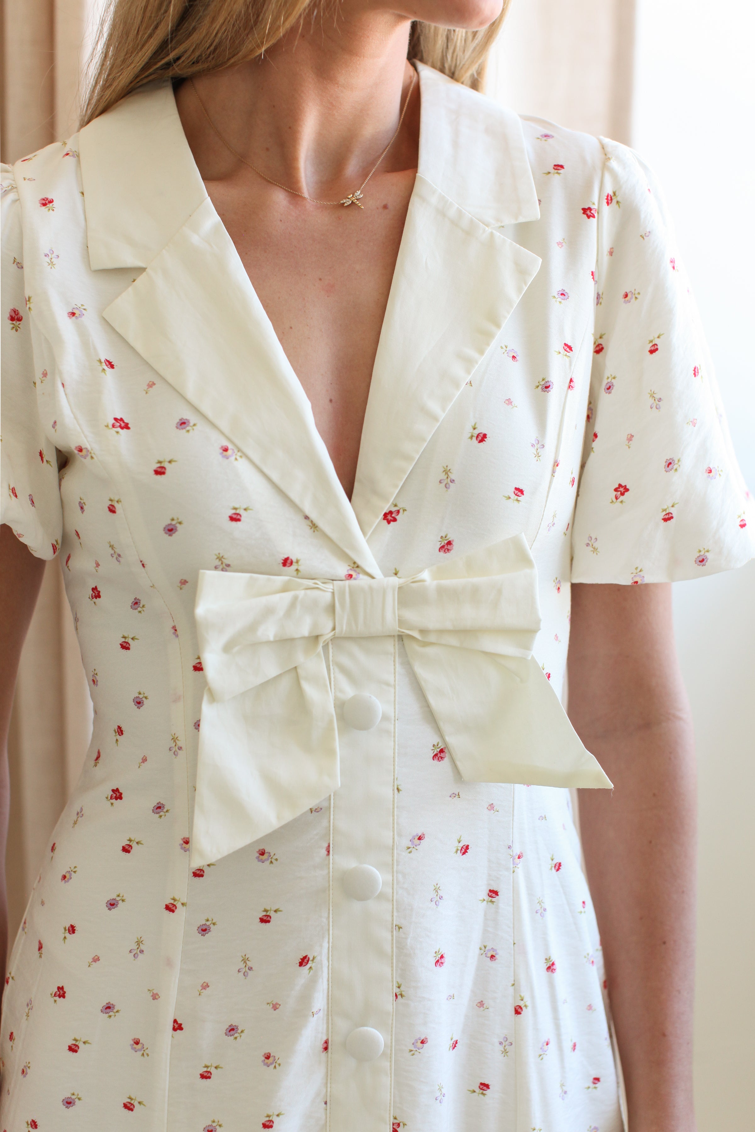 Daphne Bow Midi Dress - Elegant Floral Print A-Line Dress for Women | Perfect for Weddings, Parties & Special Occasions