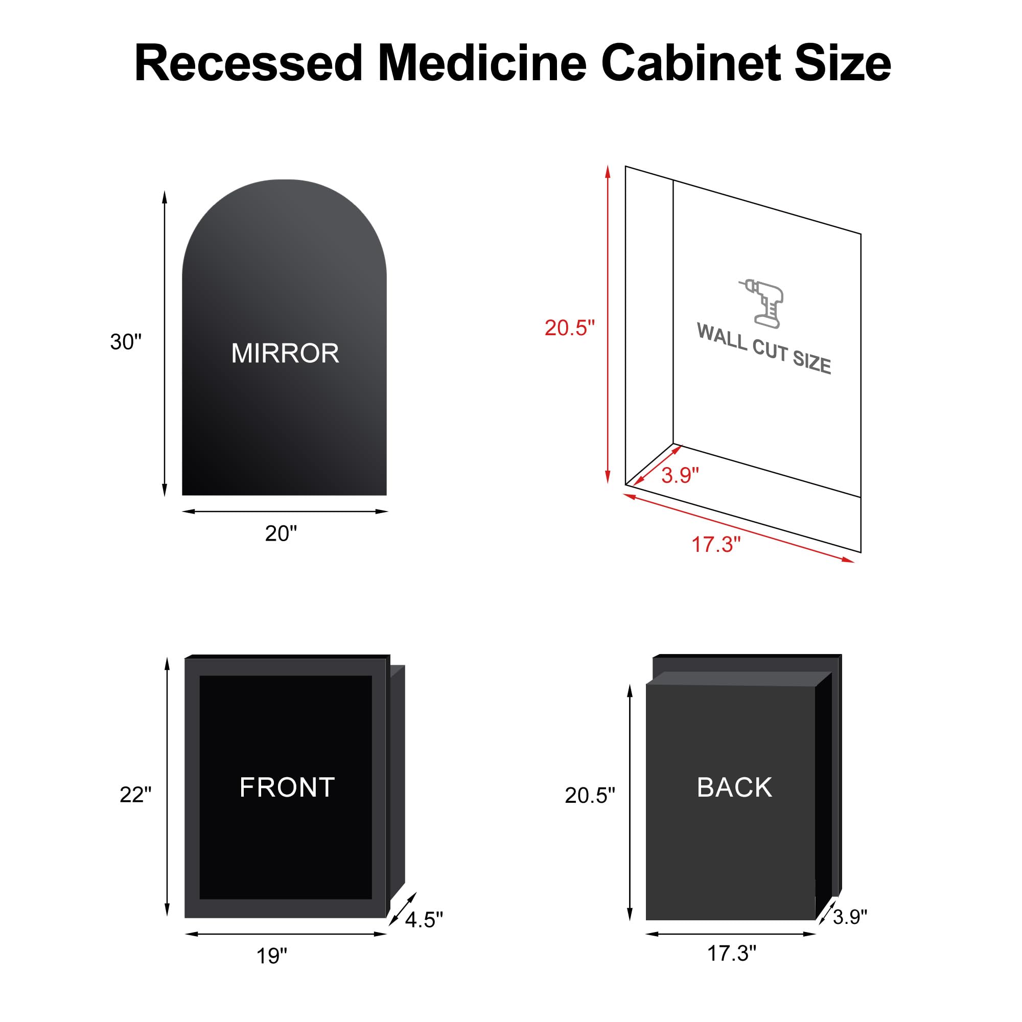 Recessed Medicine Cabinet with Mirror - 20x30 Inch Brushed Black Wall-Mounted Bathroom Storage Cabinet | Arched Design for Modern Bathrooms, Vanities & Powder Rooms