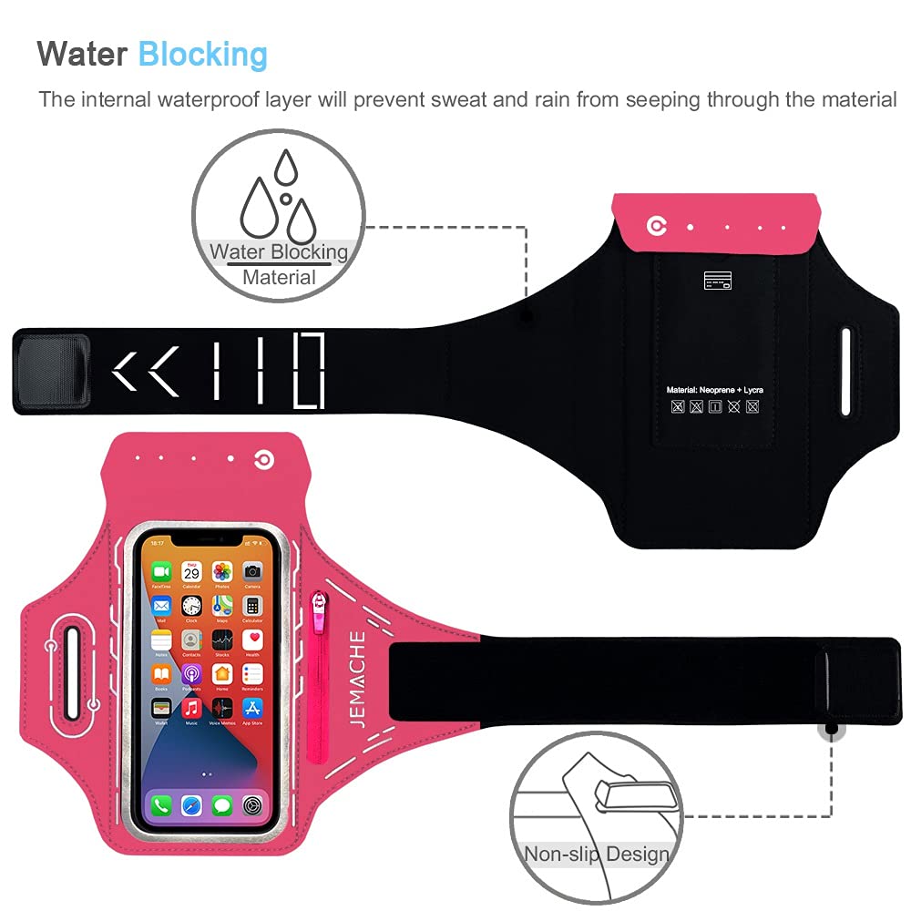 JEMACHE Running Armband for iPhone 16 15 14 13 12 Pro & Samsung Galaxy S25 S24 S23 S22 S21 - Adjustable Workout Armband with Earphone Holder & Sweatproof Design (Rosy Pink) - Perfect for Jogging, Gym Workouts & Outdoor Activities
