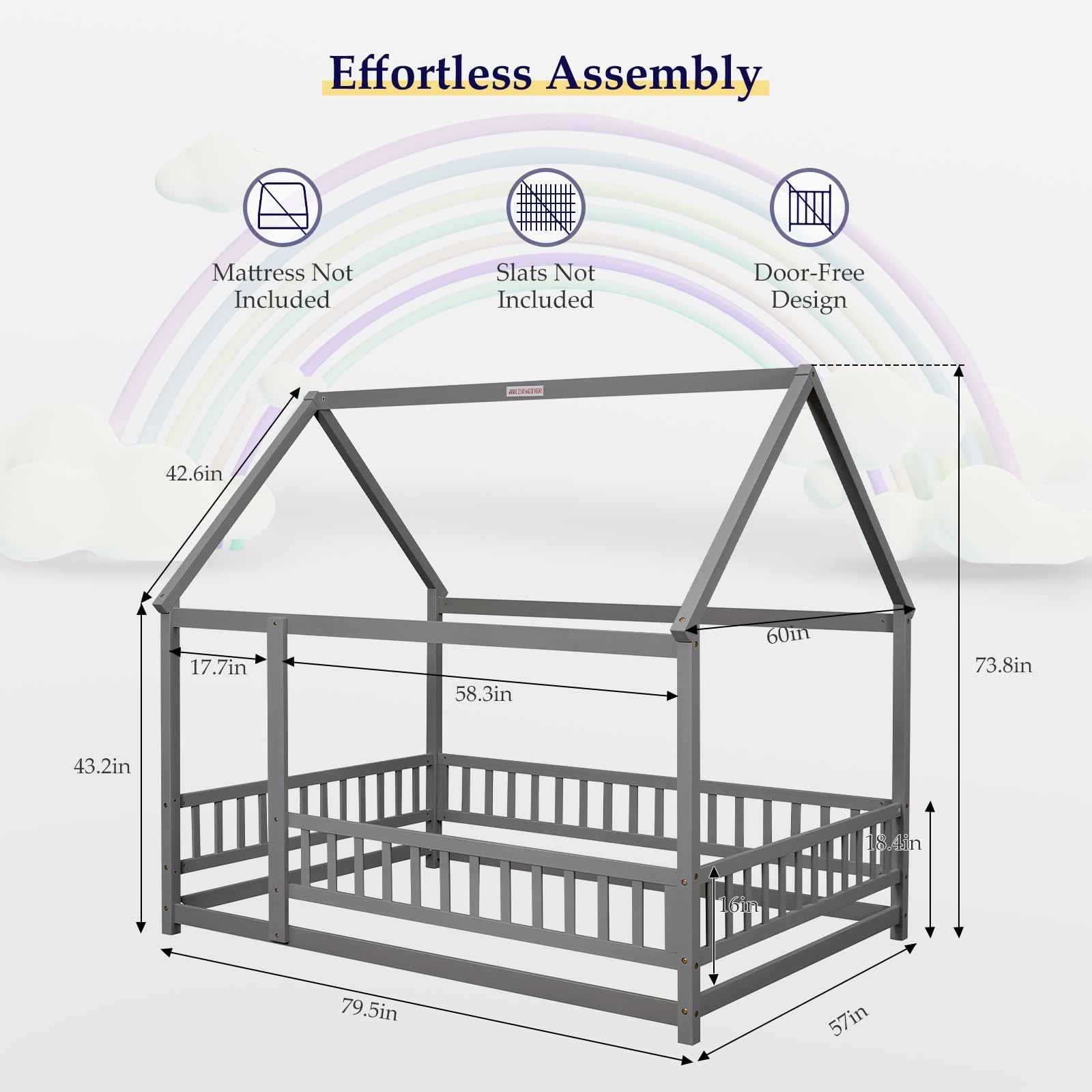 Montessori Floor Bed for Kids - Full Size Wooden House Bed with Safety Rails & Roof - Grey - Perfect for Girls & Boys Bedroom, Playroom or Montessori Classroom