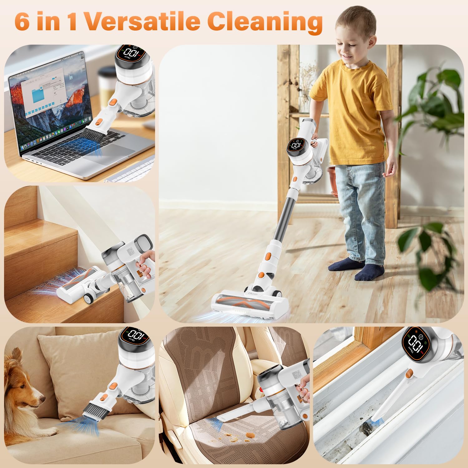 Tikom V500 Cordless Stick Vacuum Cleaner - 40000Pa/450W Powerful Suction, LED Touch Screen, Lightweight Handheld for Pet Hair, Hard Floors & Carpets - Includes Charging Wall Dock & Anti-Tangle Technology - Perfect for Home Cleaning, Car Detailing & Pet Owners