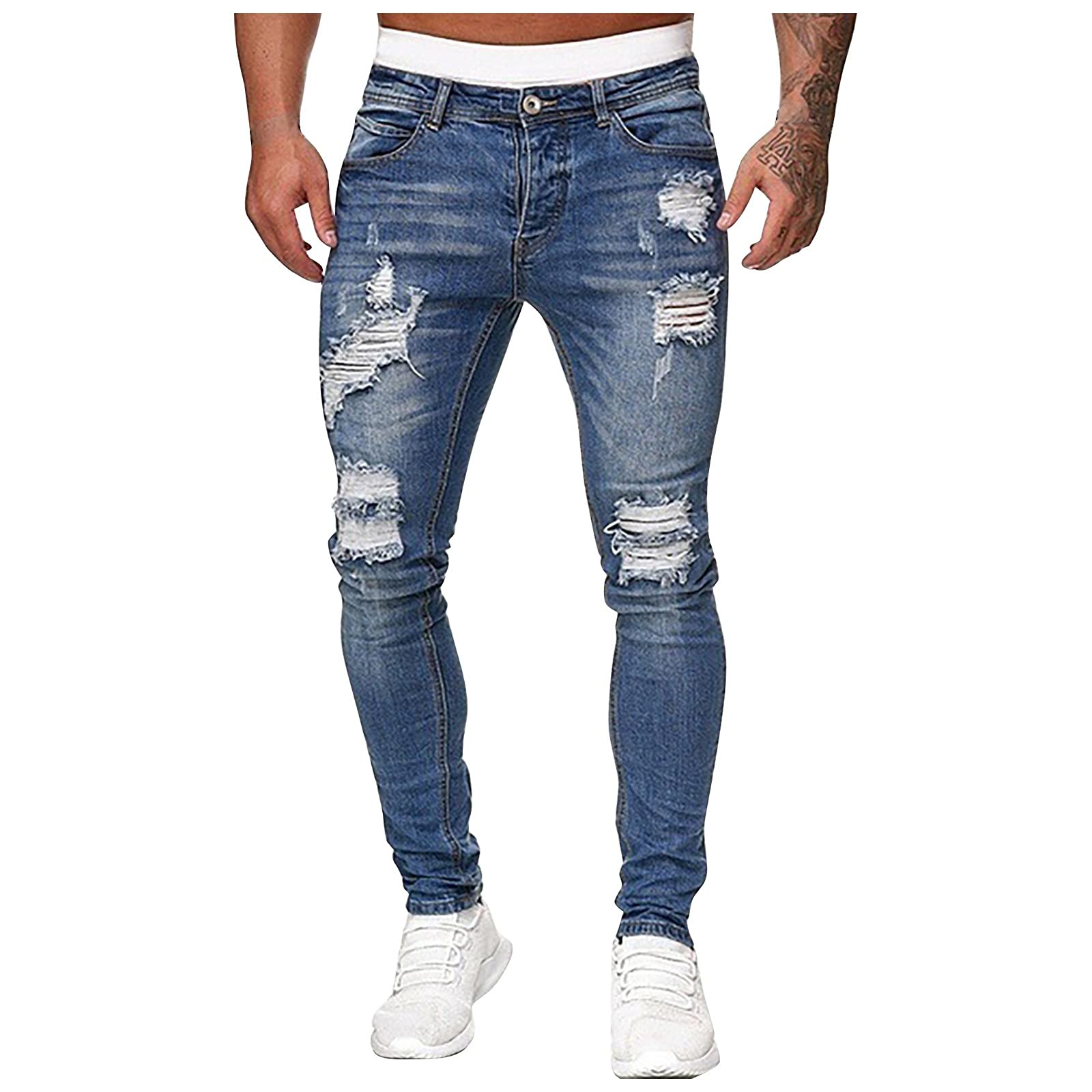 Men's Ripped Jeans - Distressed Destroyed Denim Pants with Broken Holes, High Waisted Bell Bottom Y2K Style for Casual Wear & Street Fashion