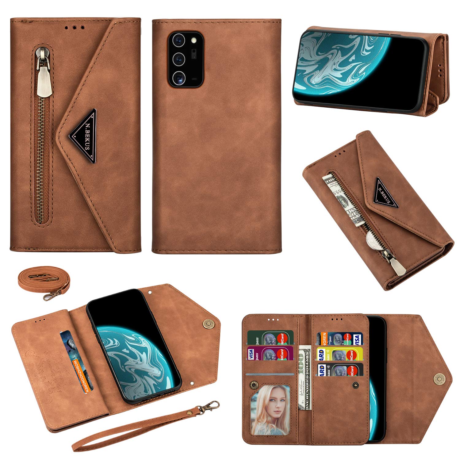 Samsung Galaxy Note 20 Wallet Case with Crossbody Strap - PU Leather Phone Purse with ID/Credit Card Slots & Kickstand - Shoulder Bag Style Protective Cover (XK Brown) - Perfect for Travel, Shopping & Everyday Use
