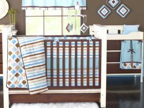 Bacati 10-Piece Baby Crib Bedding Set - Modern Stripes in Aqua & Chocolate | Soft Nursery Bedding for Boys & Girls | Perfect for Newborns, Infants & Toddlers | Complete Crib Set Without Bumper (Skirt, Sheet, Blanket)