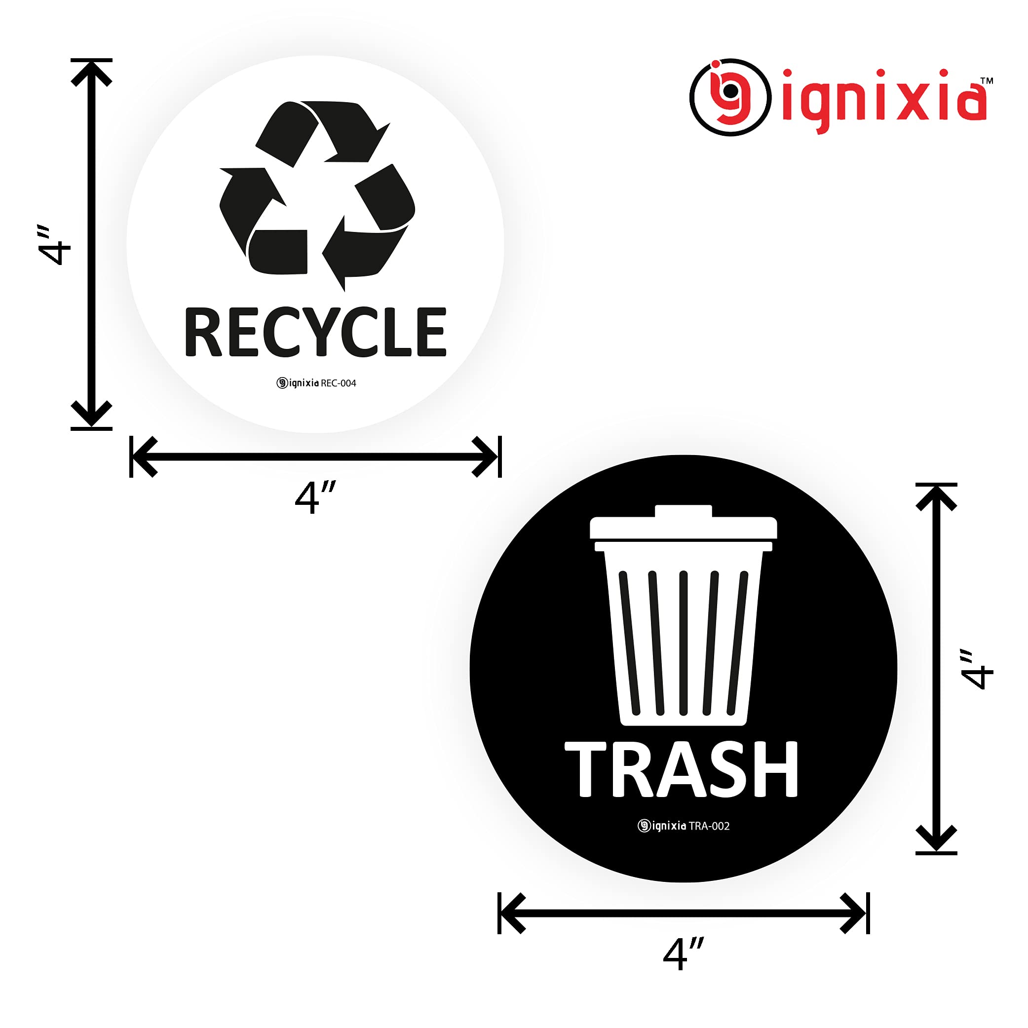 IGNIXIA 4-Pack Recycle and Trash Sign Decals - 4x4 Inch Self-Adhesive Recycling Stickers for Trash Cans - Round Black & White Recycle Labels - Perfect for Home, Office, School and Public Spaces Waste Sorting