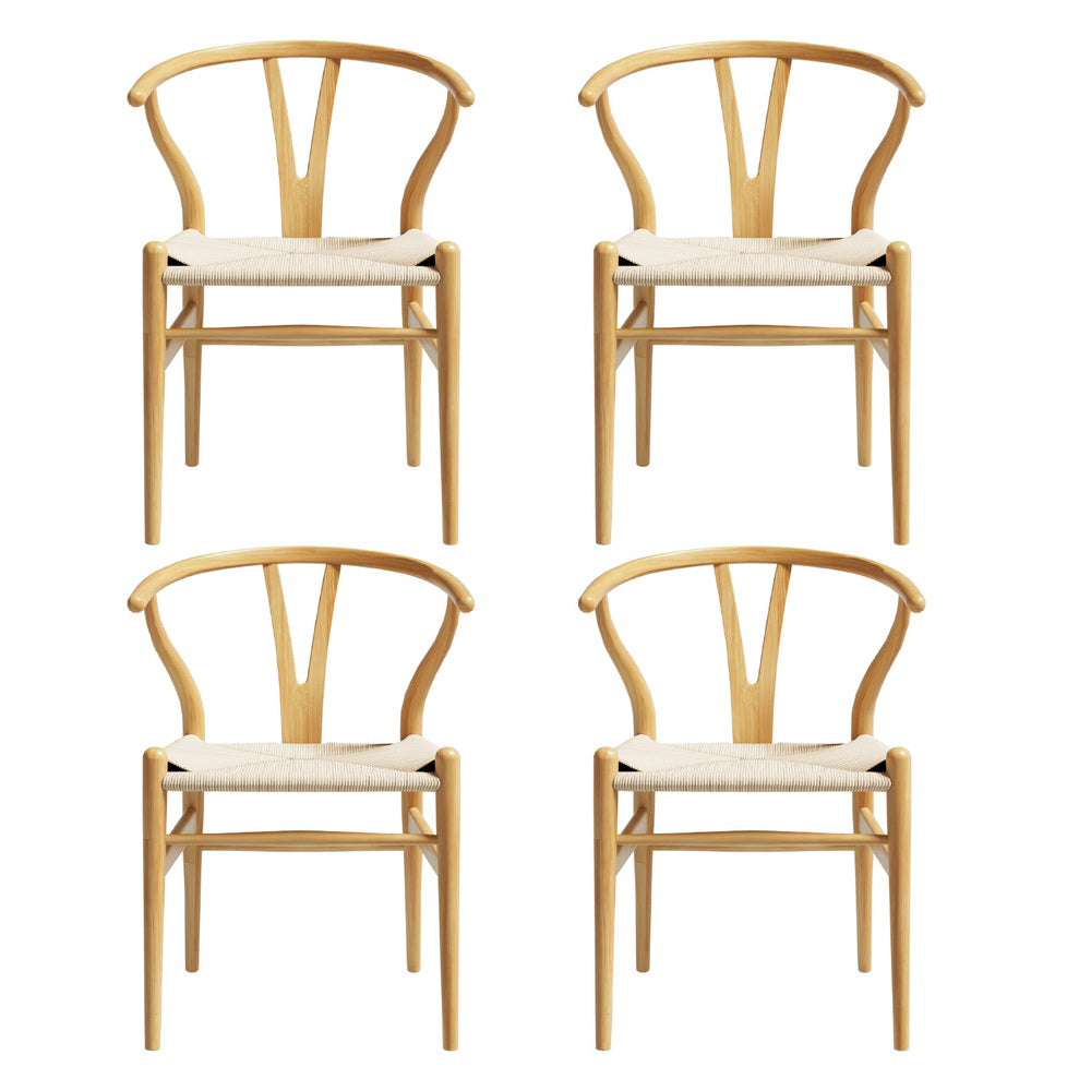 4-Piece Artiss Dining Chair Set - Wooden Frame with Rattan Seat & Wishbone Back - Perfect for Kitchen, Dining Room, and Outdoor Patio Use