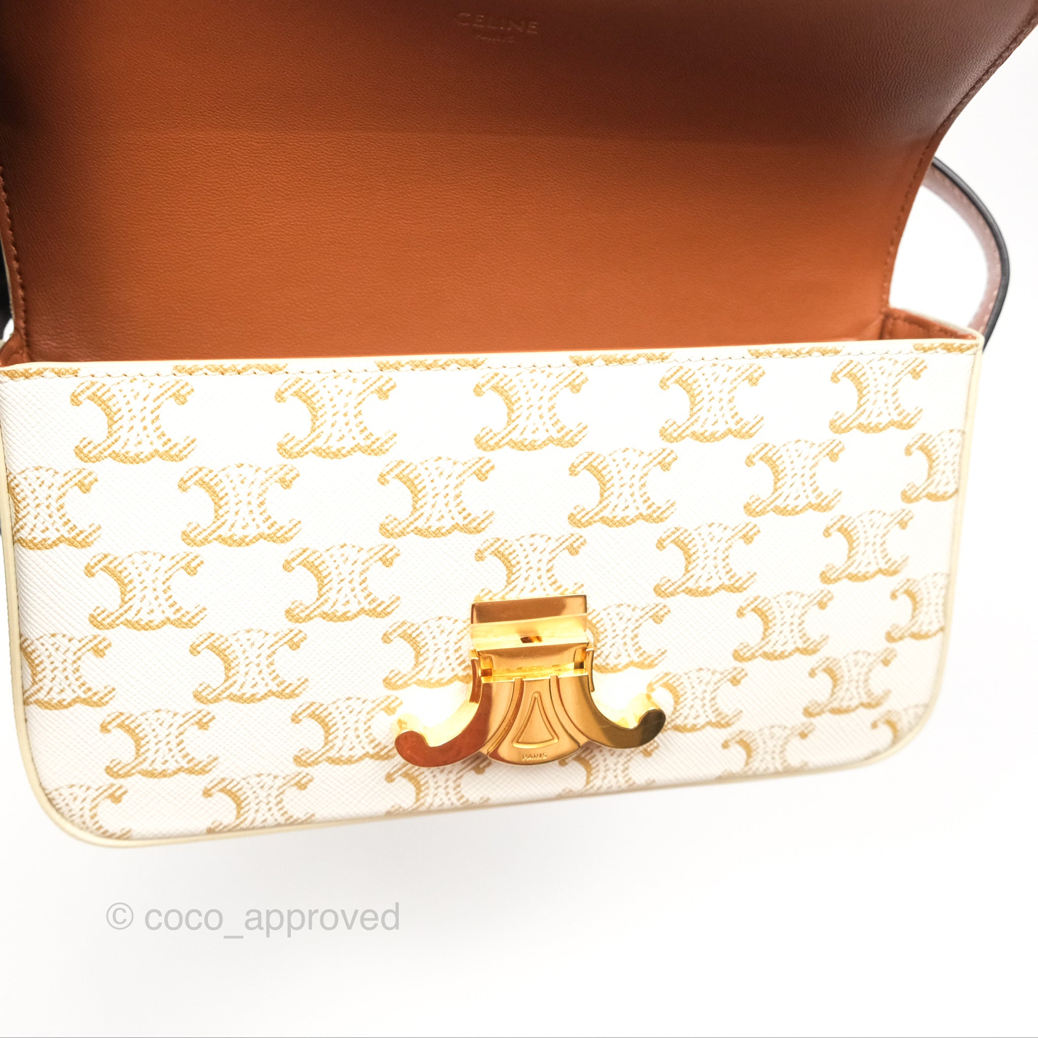 Celine Triomphe Shoulder Bag in White Calfskin & Triomphe Canvas - Elegant Crossbody Purse for Women, Perfect for Work, Date Night & Travel Accessories