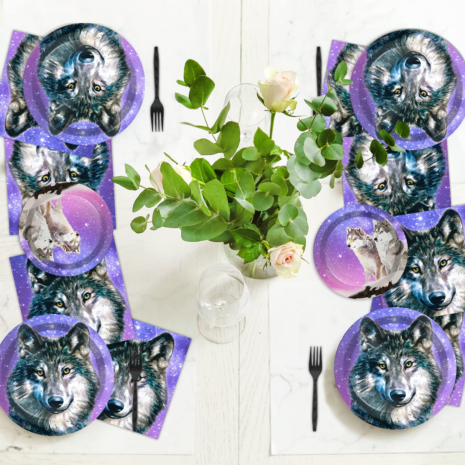 Wiooffen 96-Piece Wolf Themed Party Supplies Set - Disposable Plates, Napkins & Forks for Animal Birthday Decorations | Perfect for Boys, Girls Birthday Parties & Baby Showers (Serves 24 Guests) | Ideal for Jungle-Themed Events, Kids Celebrations & Outdoor Gatherings