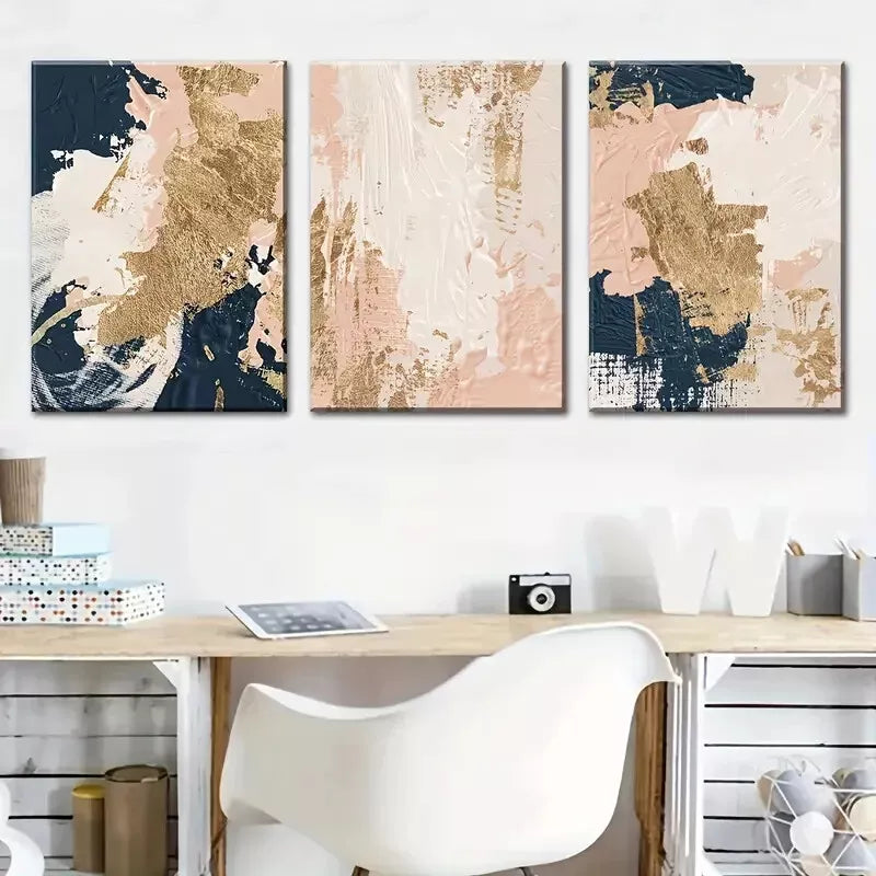 3-Piece Modern Abstract Fashion Wall Art Set - Gold, Pink & Blue Framed Canvas Prints 40x60cm | High Quality Australian Made | Perfect for Living Room, Bedroom & Office Decor
