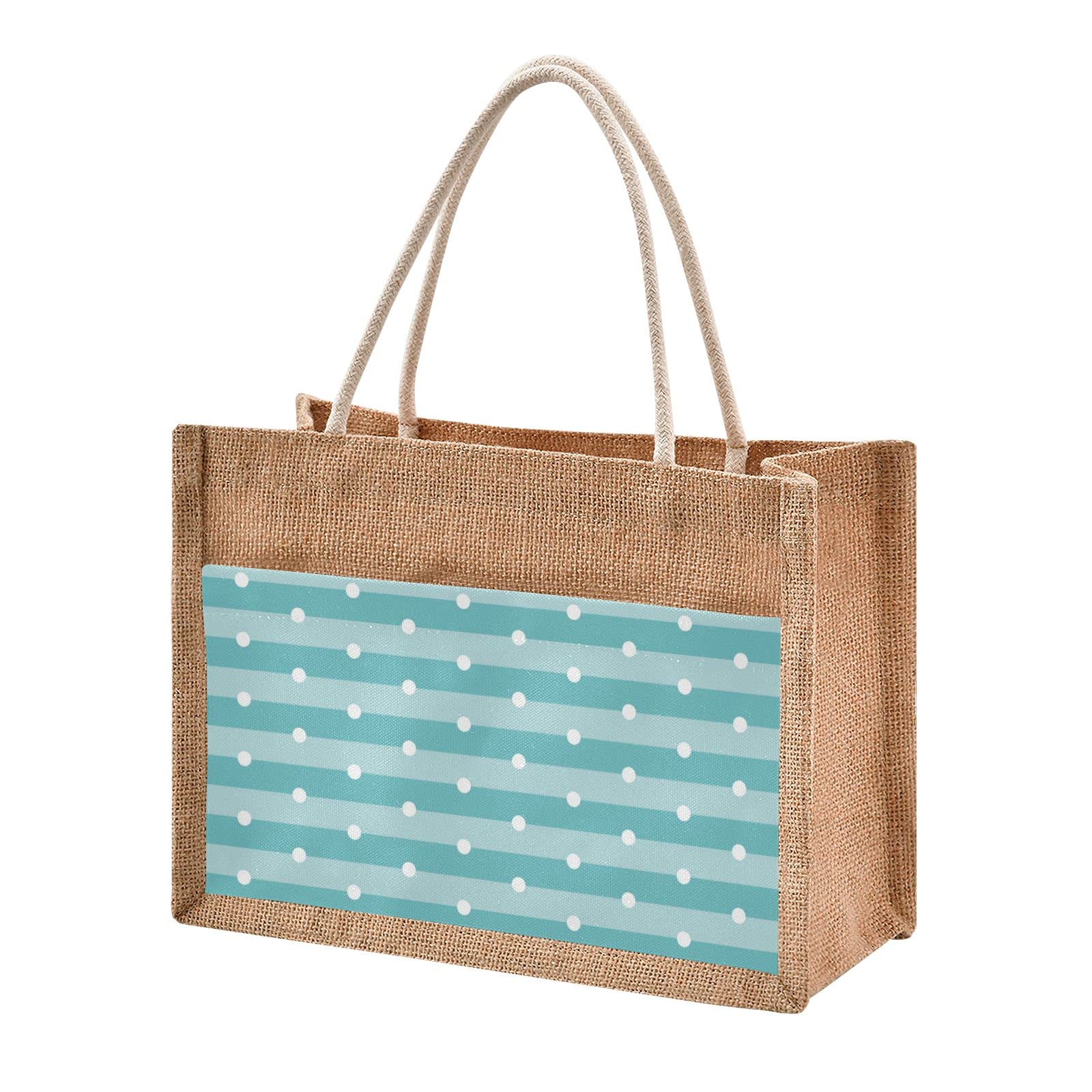 Linqin Blue Jute Tote Bag - Waterproof Round Dots Design Burlap Straw Grocery Shopping Bag for Women, Beach Travel, Picnic & Farmers Market