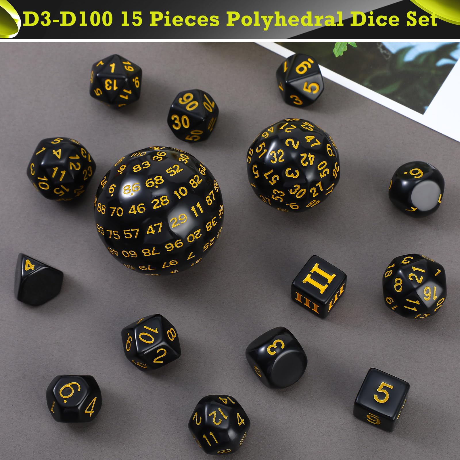 15-Piece Complete Polyhedral Dice Set D3-D100 | Opaque Black & Yellow RPG Dice for Dungeons & Dragons, Pathfinder | Perfect for Tabletop Gaming, D&D Campaigns & Role-Playing Game Nights