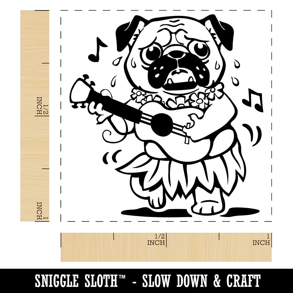 Hawaiian Hula Pug with Ukulele Self-Inking Rubber Stamp - 1 Inch Small Black Ink Stamp for Scrapbooking, Card Making & DIY Crafts