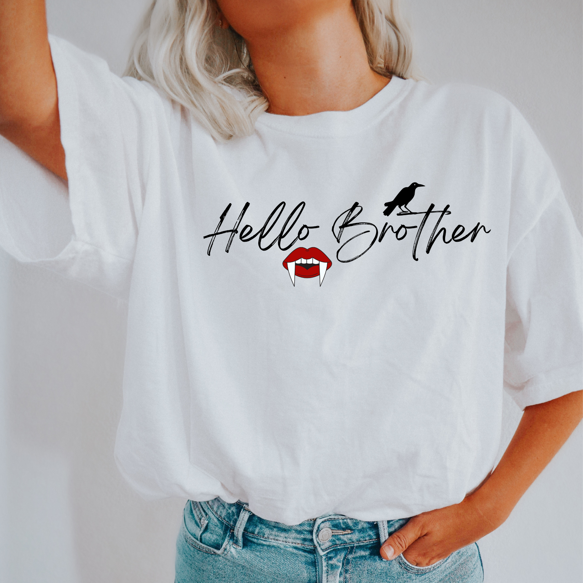 Hello Brother Vampire Diaries T-Shirt | Damon Salvatore TVD Fan Shirt | Oversized Gothic Tee for Men & Women | Perfect for Halloween, Cosplay & Vampire-Themed Parties