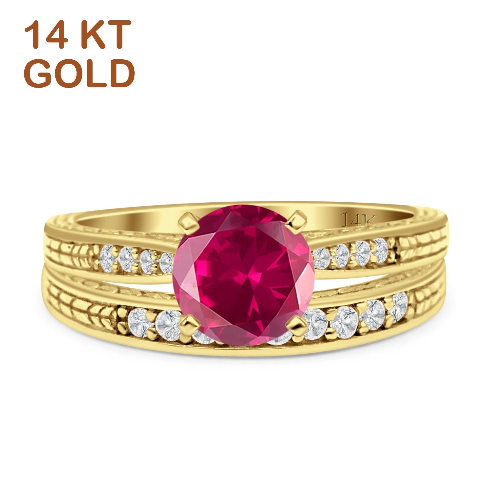 14K Yellow Gold Round Two Piece Ruby & CZ Bridal Ring Set - Elegant Wedding Band for Engagement, Anniversary & Special Occasions