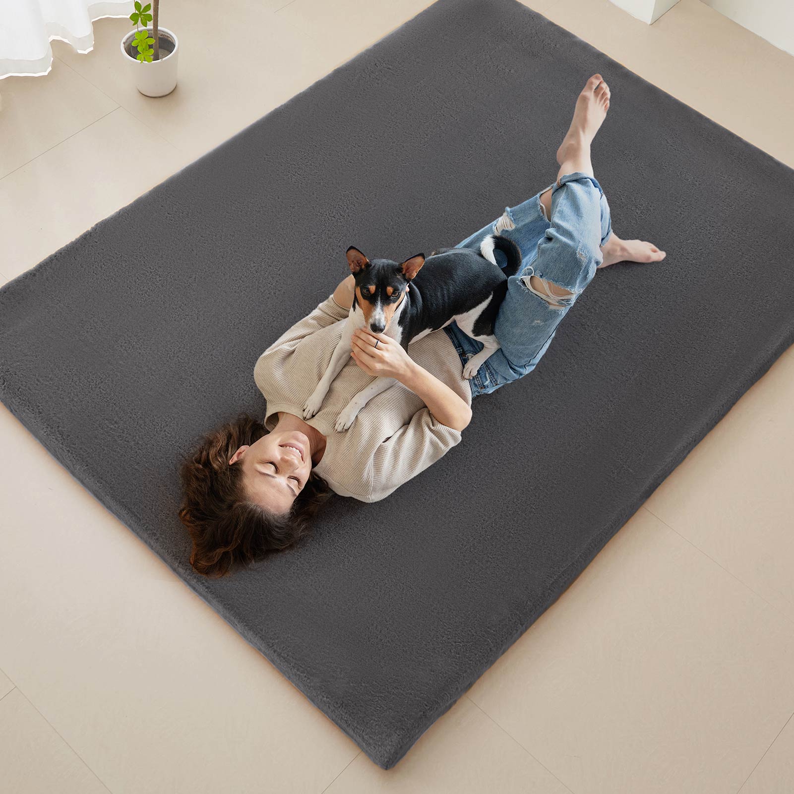 MAXYOYO Faux Fur Removable Futon Mattress - Soft Fluffy Couch Bed for Lounging, Napping & Sleeping - Dark Grey | Perfect for Living Room, Dorm, Guest Room & Home Decor