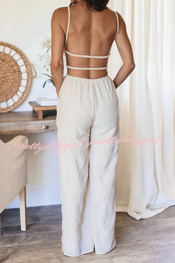 Stylish Crinkle Fabric Cut Out Backless Jumpsuit with Elastic Waist & Pockets - Perfect for Summer Vacations, Beach Getaways, and Night Out Parties