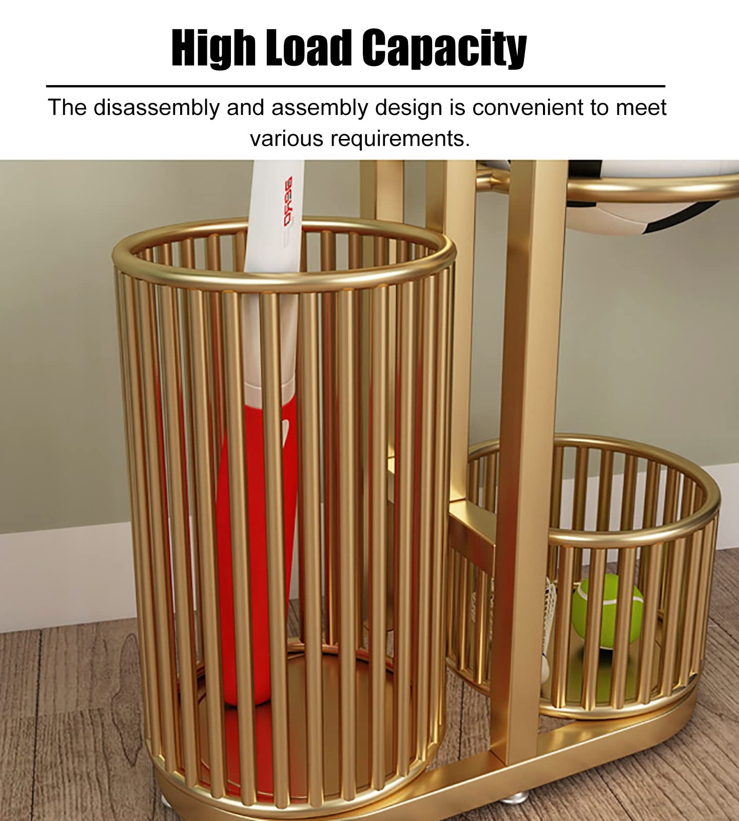 Floor Standing Ball Storage Rack Organizer - Minimalist Sports Gear Shelf with Basket for Baseball Bats, Tennis Rackets & Basketballs (90cm Tall, Gold) | Perfect for Garage, Playroom & Sports Equipment Organization