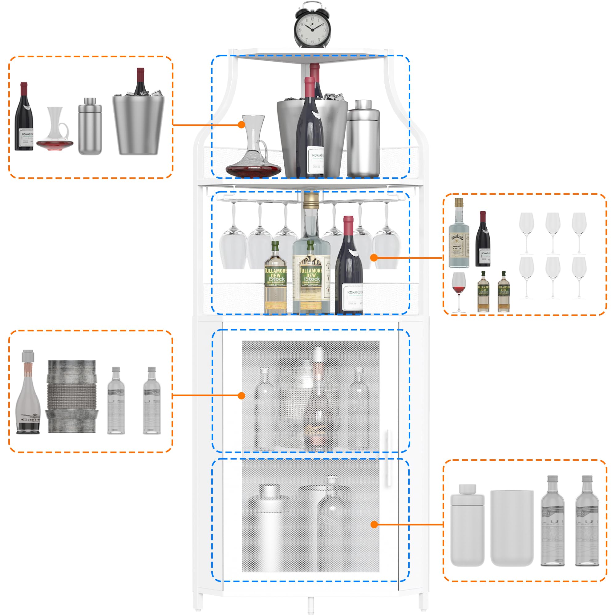 IdealHouse White Corner Bar Cabinet with Large Storage, Detachable Wine Rack & Glass Holder - Mesh Door Wine Cabinet for Dining Room, Living Room & Kitchen | Perfect for Home Entertaining & Space-Saving Storage