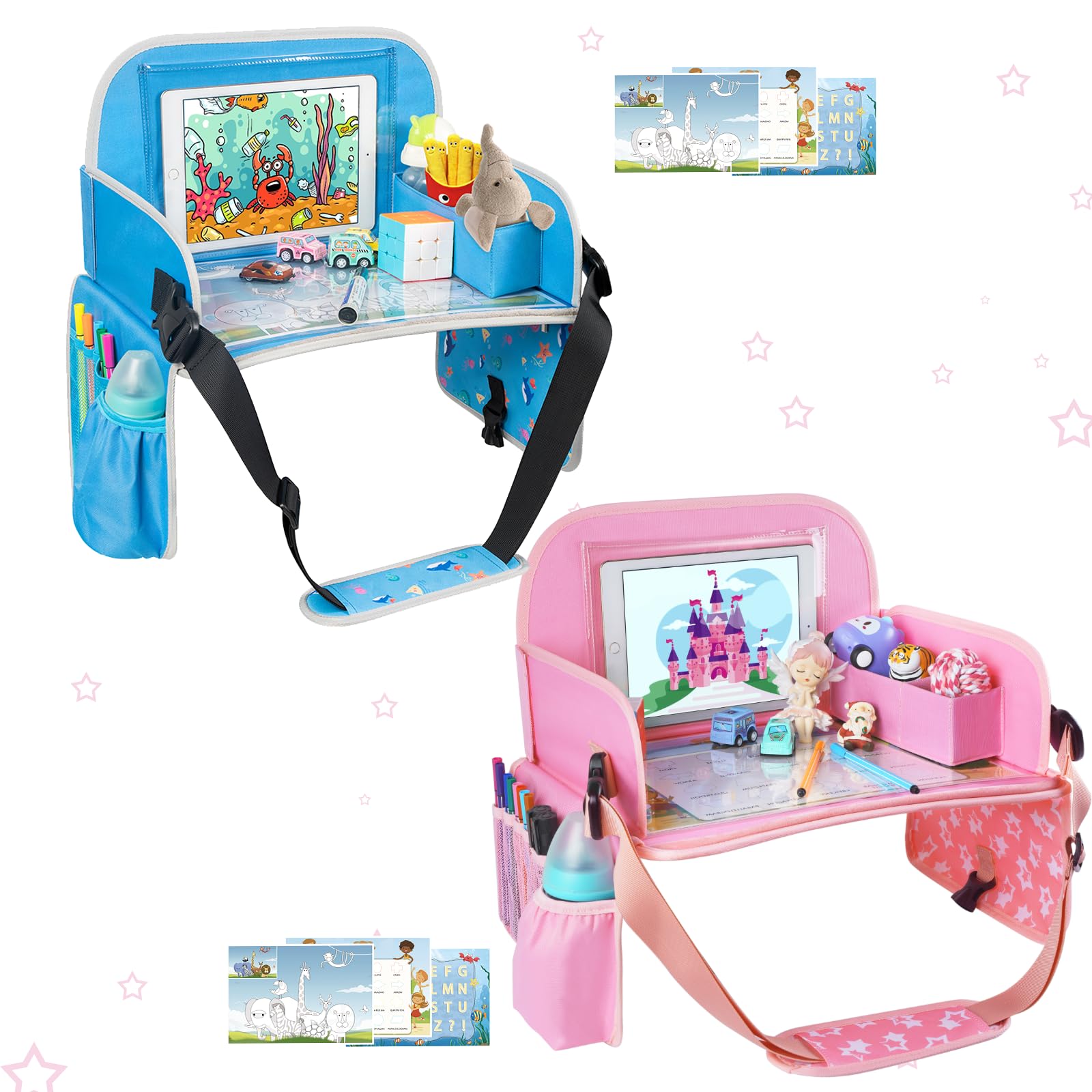 Kids Travel Tray with Dry Erase Board & Storage Pocket - 2 Pack (Blue & Pink) for Car Rides, Airplane Trips & Road Trips - Portable Activity Tray for Toddlers & Children