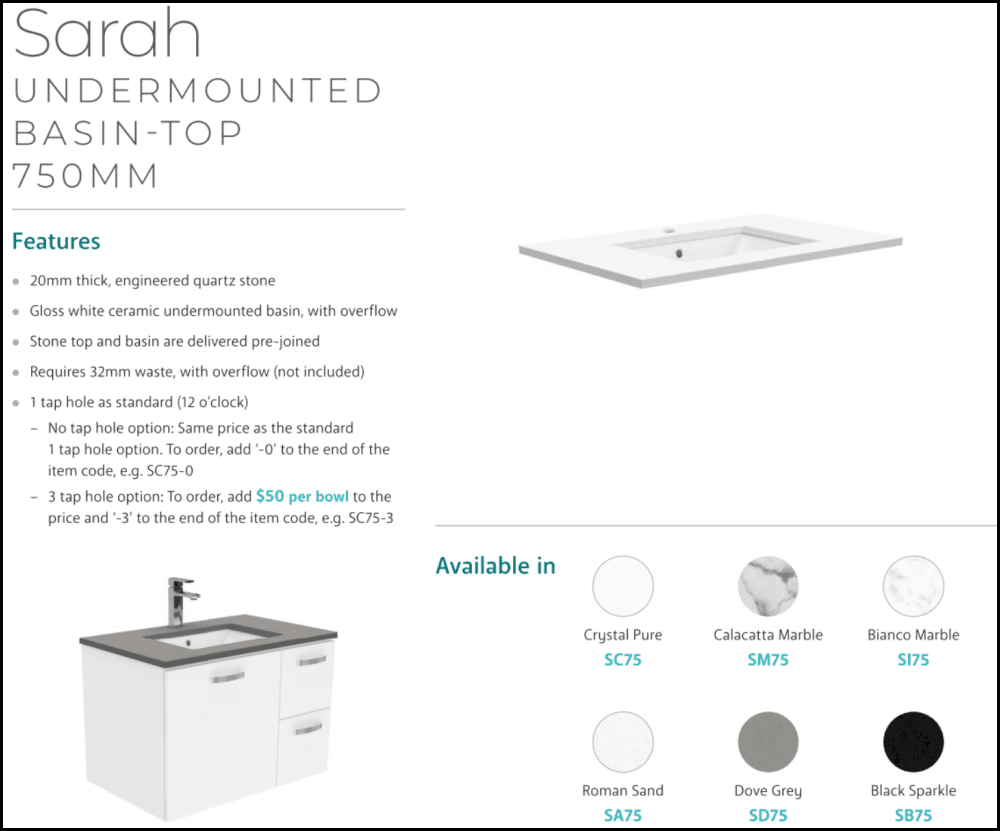 Fienza Crystal Pure SC75CR 750mm Undermount Stone Top Vanity Unit with Fingerpull, Kickboard & Left Drawers - Modern Bathroom Sink Cabinet for Small Spaces, Perfect for Apartments and Powder Rooms