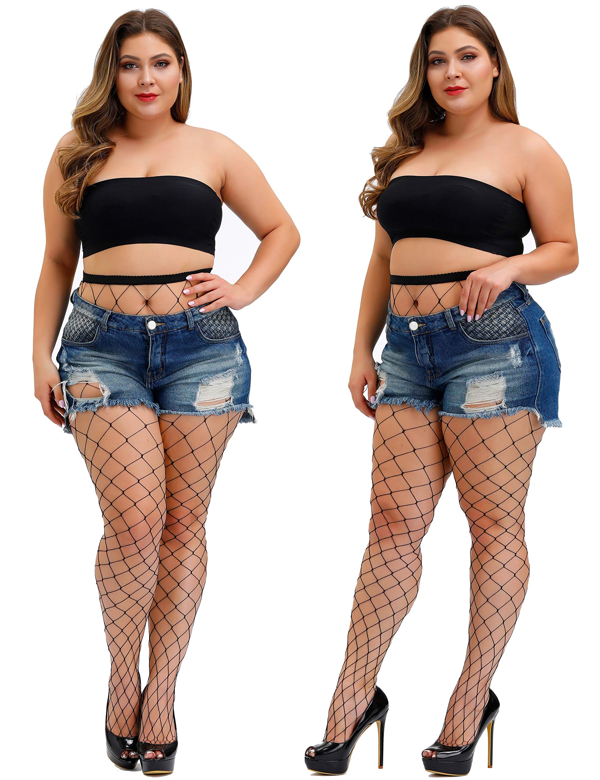 Sexy Women's Fishnet Stockings - Thigh High Tights Pantyhose, Plus Size, 2 Pairs - Perfect for Halloween, Cosplay & Date Nights