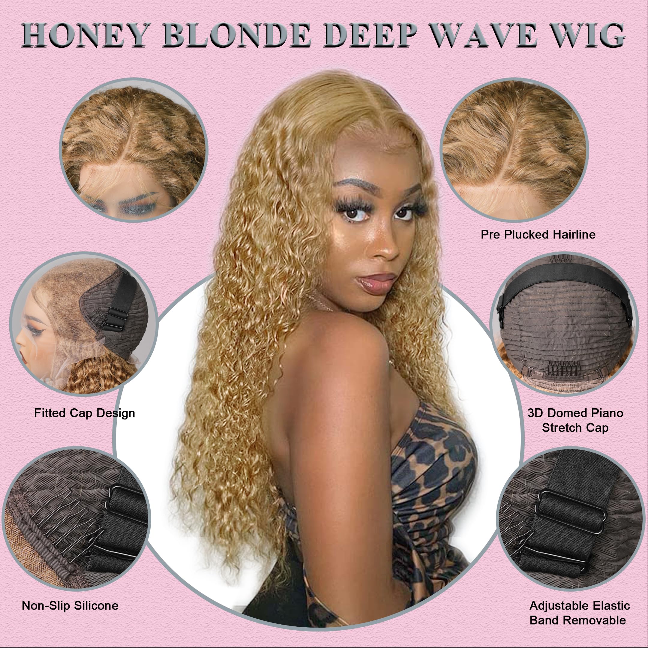 Honey Blonde 26 Inch Deep Wave Lace Front Wig - 13x6 HD Transparent Lace Frontal Human Hair Wig with Pre-Plucked Hairline & 180% Density for Women | Perfect for Daily Wear, Cosplay, and Special Occasions