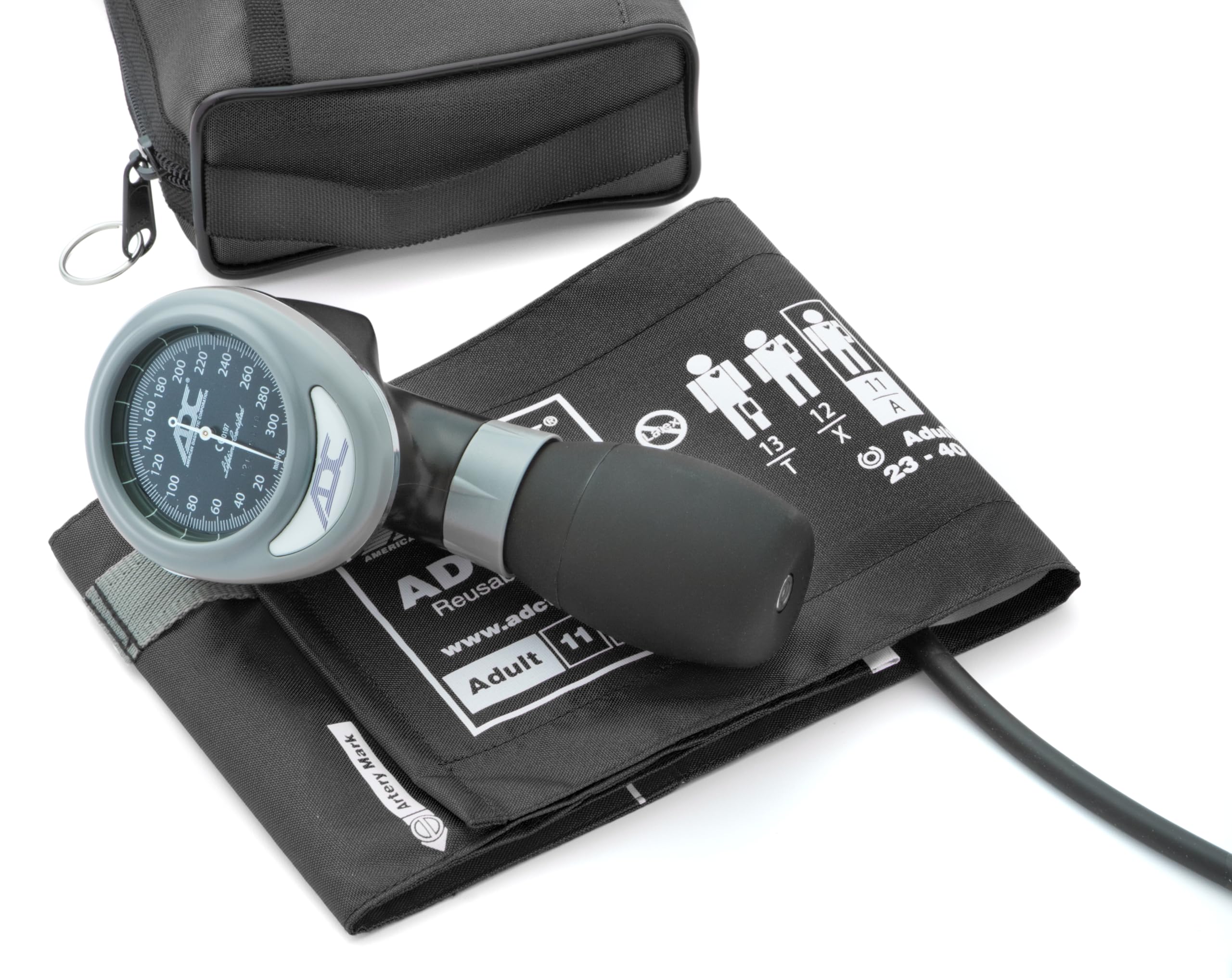 ADC 788-11ABK Diagnostix Model 788 Professional Palm Aneroid Sphygmomanometer with Nylon Blood Pressure Cuff - Portable Black BP Monitor Kit with Carrying Case for Home Use, Clinics & Travel