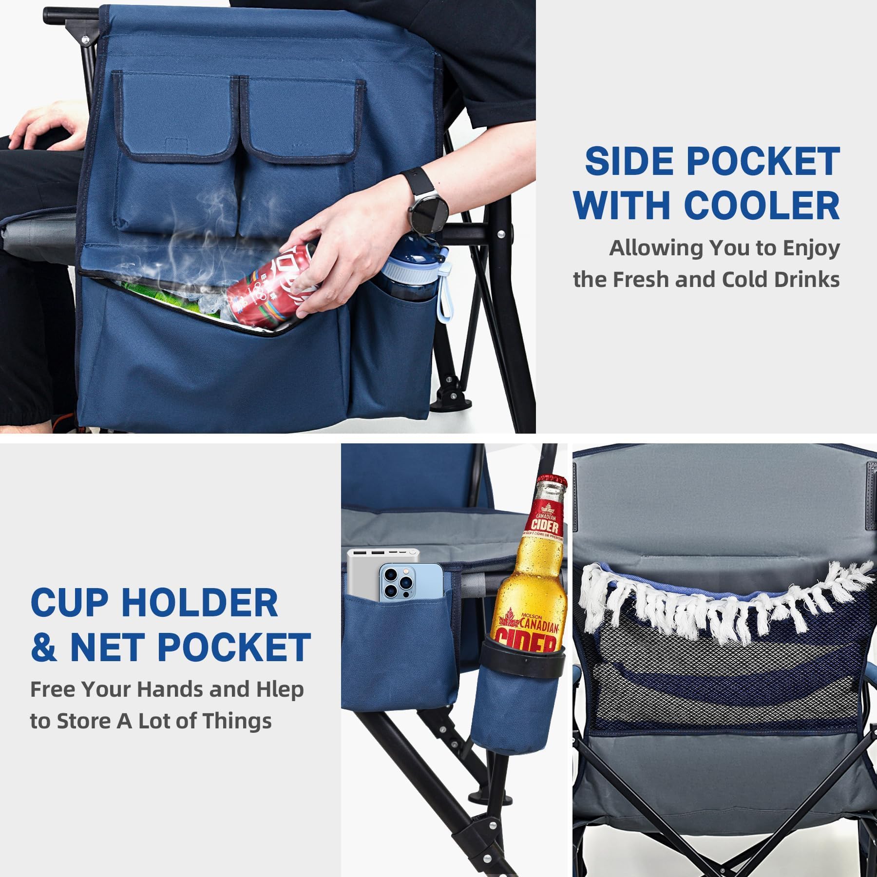 MENOLY Oversized Folding Camping Chair with Cooler Bag - Heavy Duty 500lbs Capacity Portable Chair for Adults - Side Pockets & Cup Holder - Perfect for Camping, Beach, Fishing, Backyard & Outdoor Events