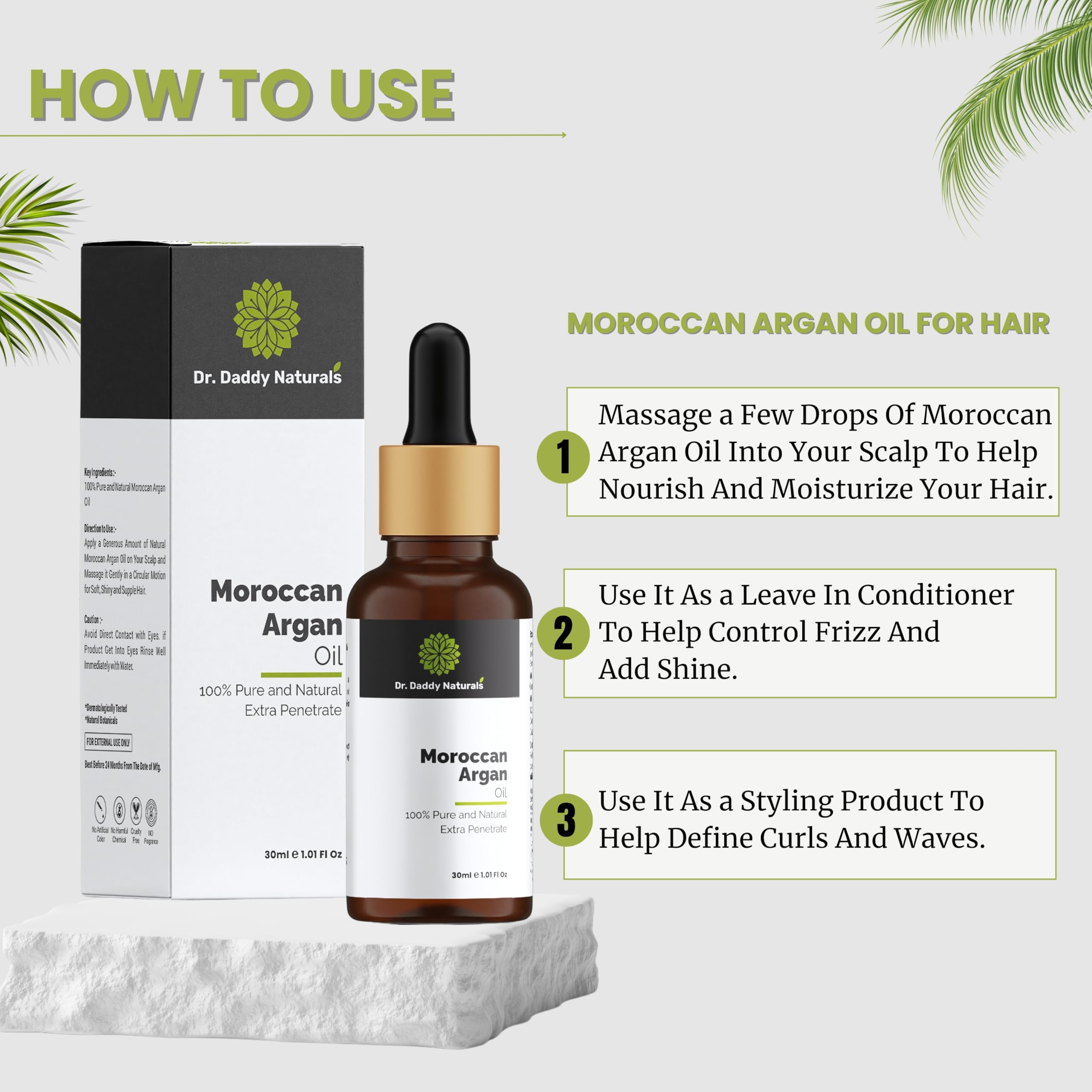 Dr. Daddy Naturals 100% Pure Organic Cold Pressed Moroccan Argan Oil for Hair, Face & Skin - Frizz Control, Daily Nourishment, Stronger Hair Growth - 30ml | Perfect for Dry Hair Treatment, Skin Hydration & Anti-Aging Care