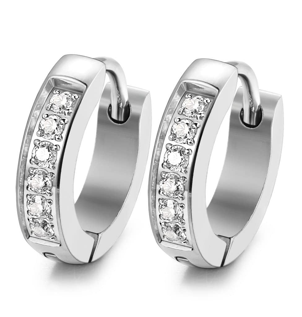 FIBO STEEL 13MM 20MM Stainless Steel Small Hoop Earrings for Men & Women - Hypoallergenic Huggie Earrings with CZ Stones - Perfect for Everyday Wear, Gifts & Special Occasions