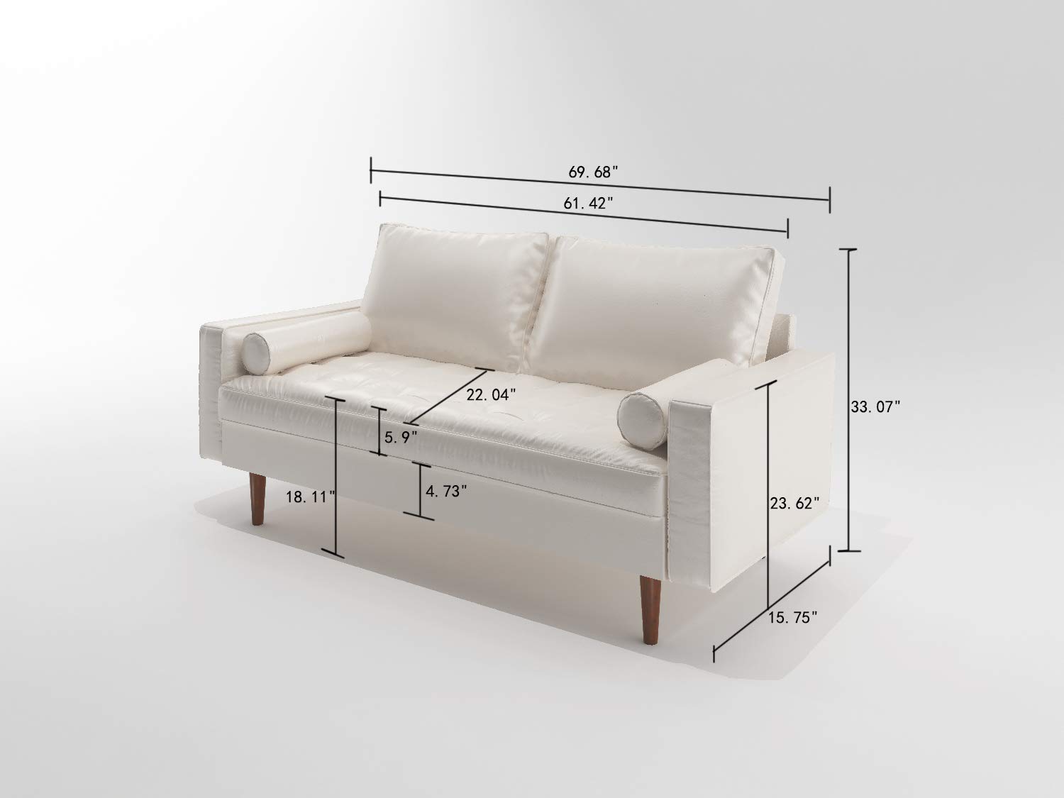 Mid Century Modern Loveseat Sofa - PU Leather Upholstered Tufted Couch with Bolster Pillows | Retro Design for Living Room, Bedroom & Office | White Contemporary Furniture for Small Spaces