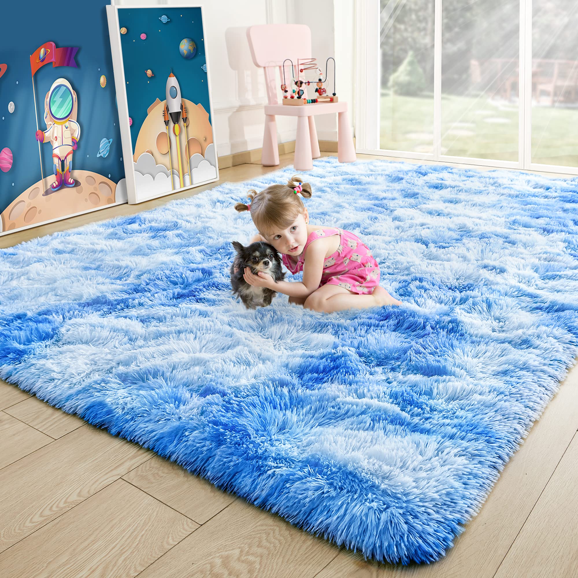 Noahs 4x6 Fluffy Kids Rugs - Soft Blue Tie-Dyed Rainbow Nursery Carpet for Girls Bedroom | Non-Slip Playroom Rug, Shaggy Floor Mat for Toddler Room Decor & Kids Play Area | Perfect for Bedrooms, Daycare Centers, and Play Spaces