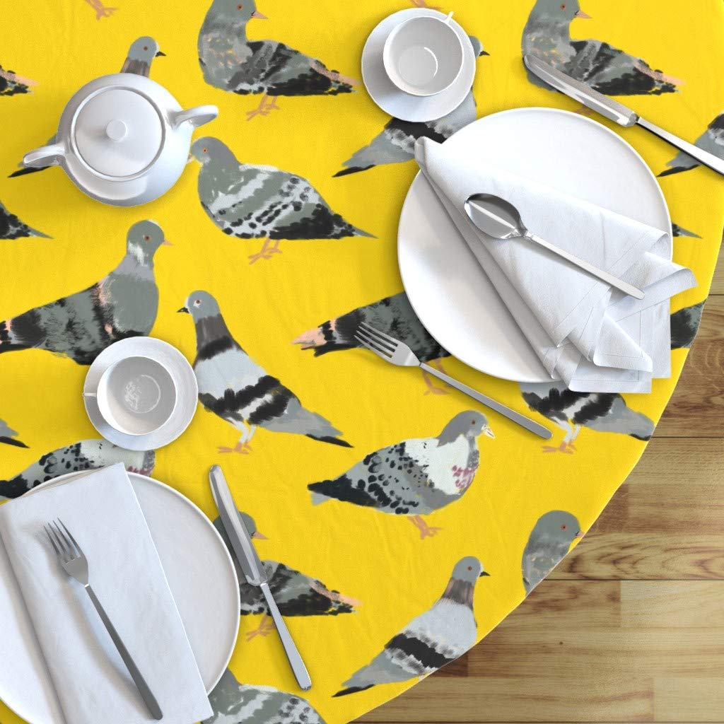 Elegant Yellow Pigeon Bird Feathers Print Cotton Sateen Tablecloth - 70 Inch Round Custom Table Linens for Dining Room, Kitchen & Outdoor Parties
