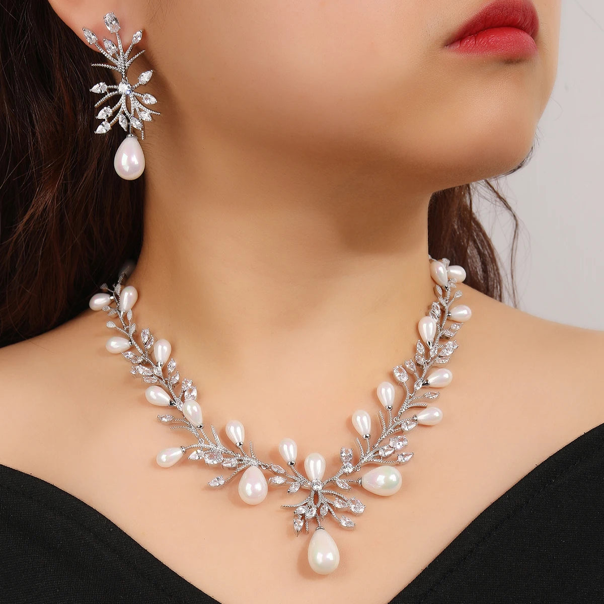 Luxury White Cubic Zirconia Pearl Necklace & Earrings Set for Women - Elegant Wedding, Bridal Party Jewelry Gift - Perfect for Anniversary, Prom & Formal Occasions
