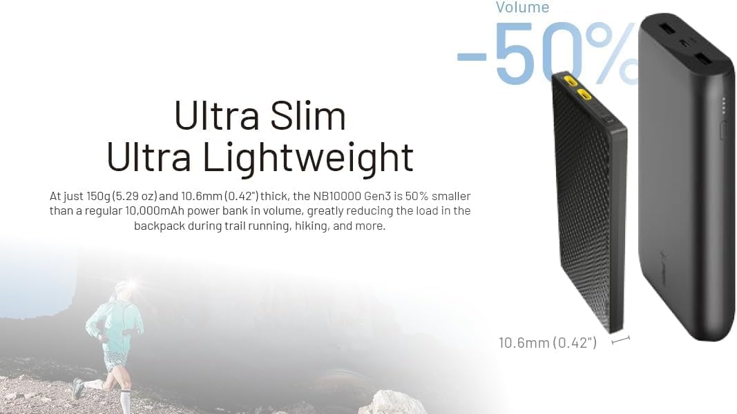 Nitecore NB10000 Gen 3 Ultra-Slim 10000mAh Power Bank with QC Quick Charge & Dual USB-C Ports - Perfect for Travel, Camping, and Emergency Charging